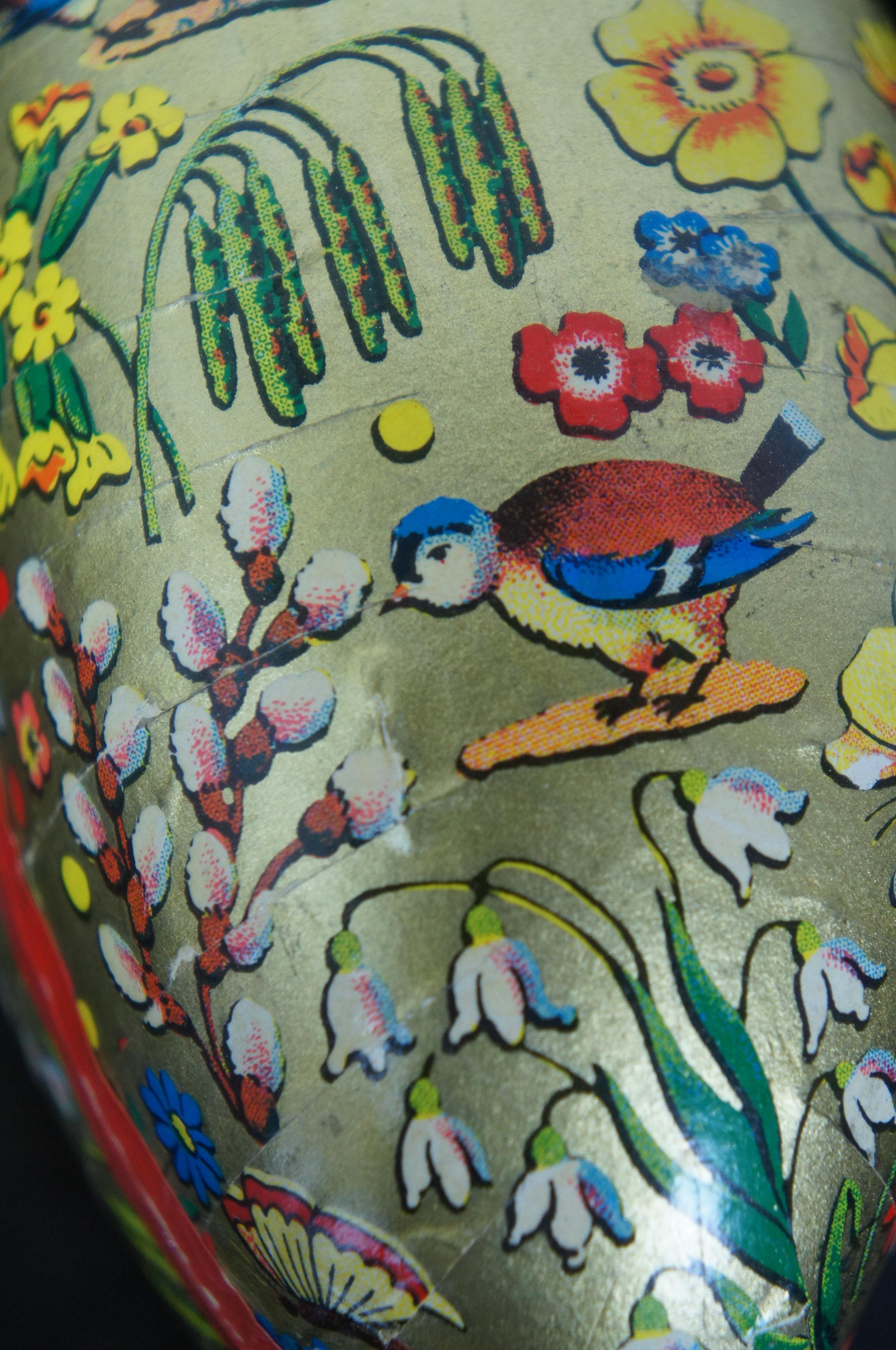 Antique West German Papier Mâché Easter Egg Candy Container Gold Flowers Birds 3