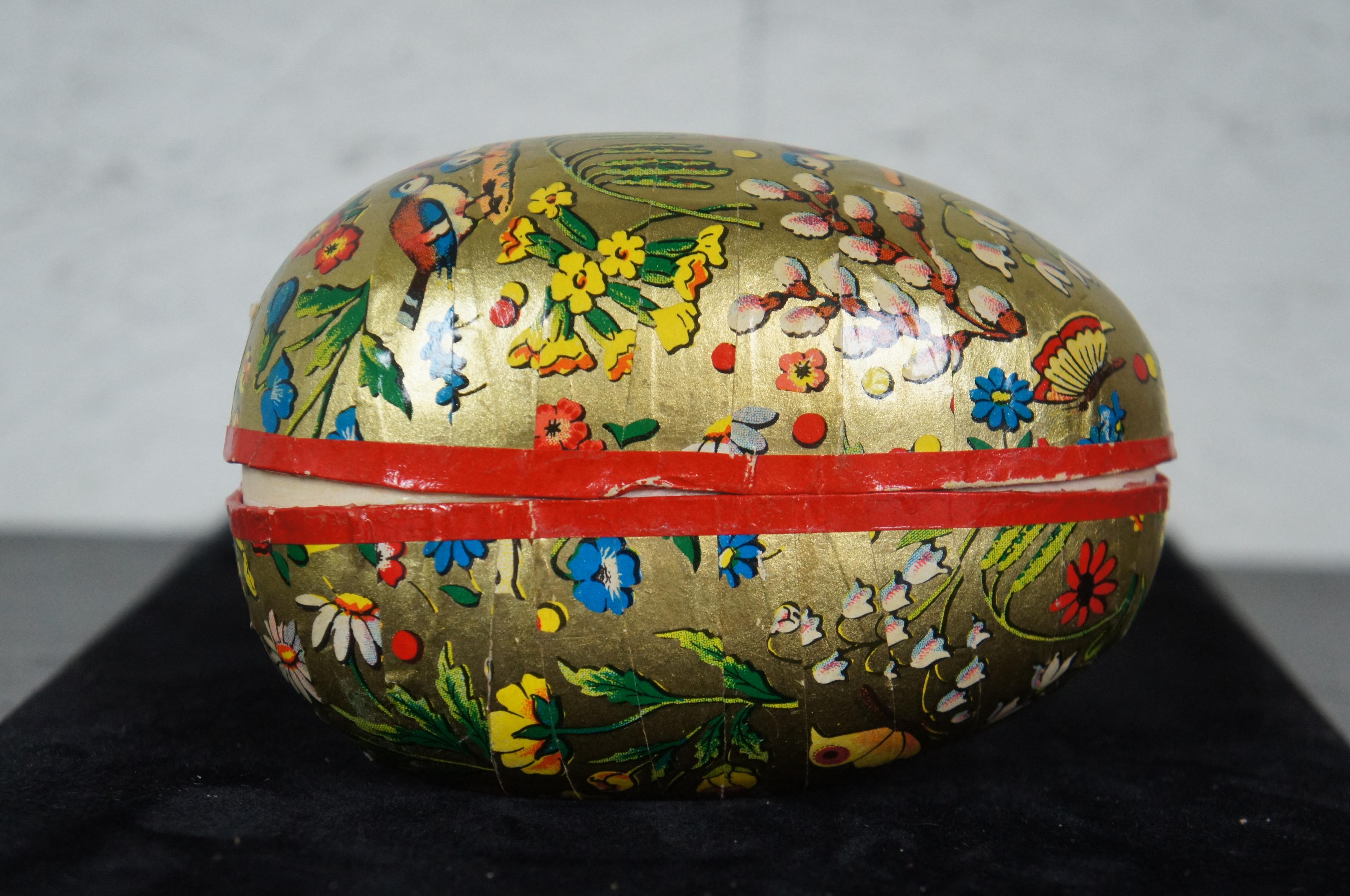 20th Century Antique West German Papier Mâché Easter Egg Candy Container Gold Flowers Birds