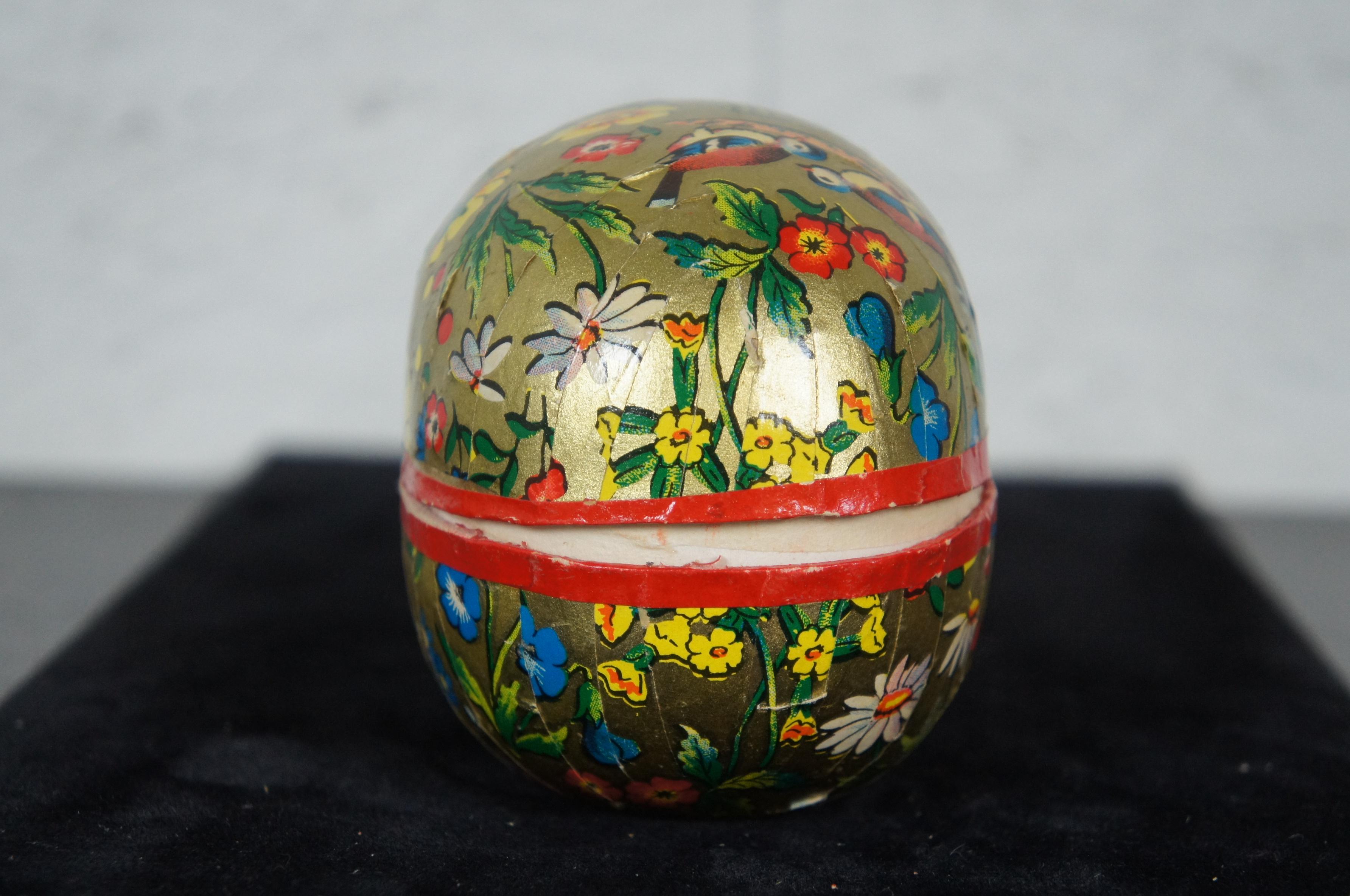 Paper Antique West German Papier Mâché Easter Egg Candy Container Gold Flowers Birds