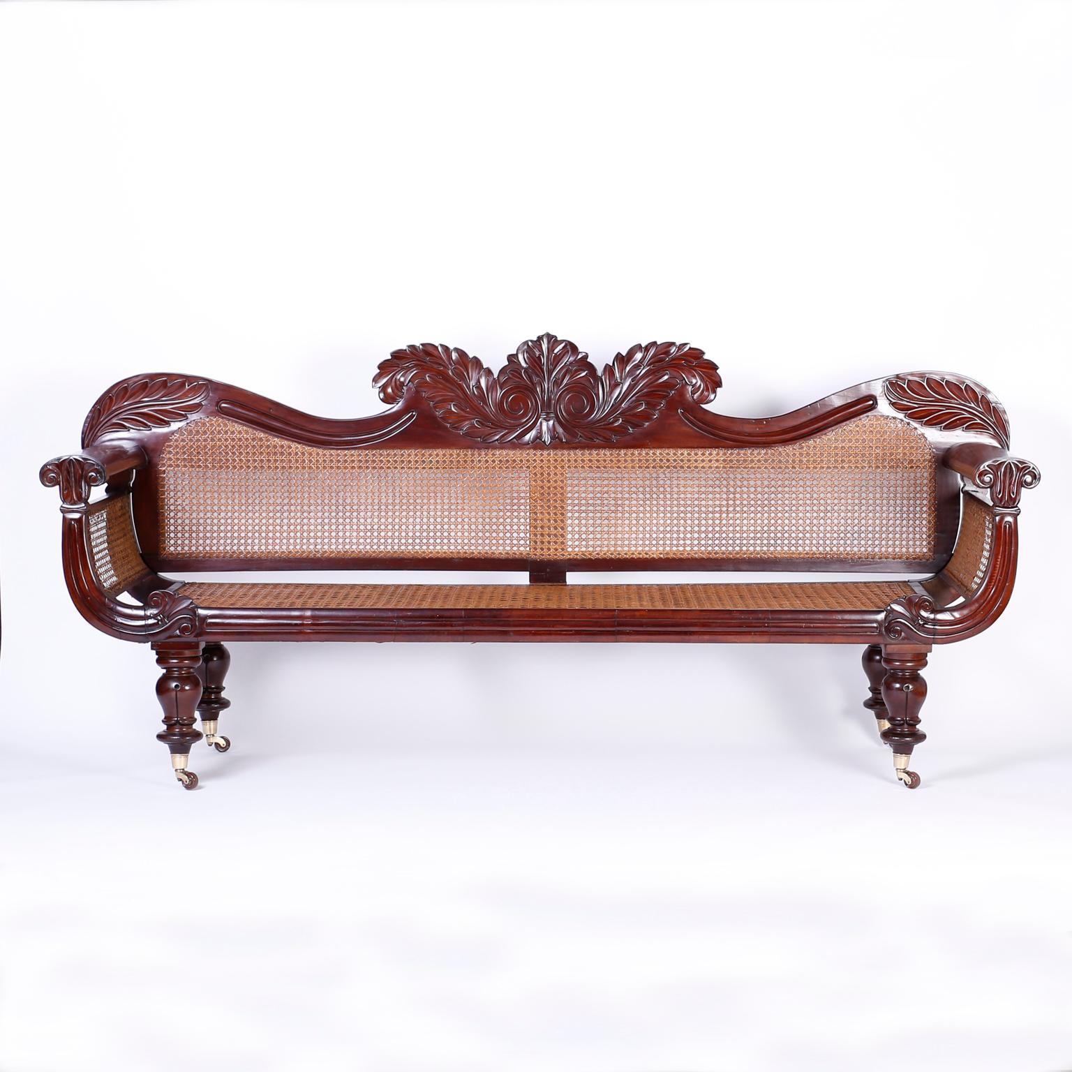 Fine British Colonial mahogany settee, from the West Indies, with dramatic acanthus carvings on the crest and arms with a caned back, sides and seat. Having turned legs on brass casters and an over all elegant form with expert craftsmanship and a
