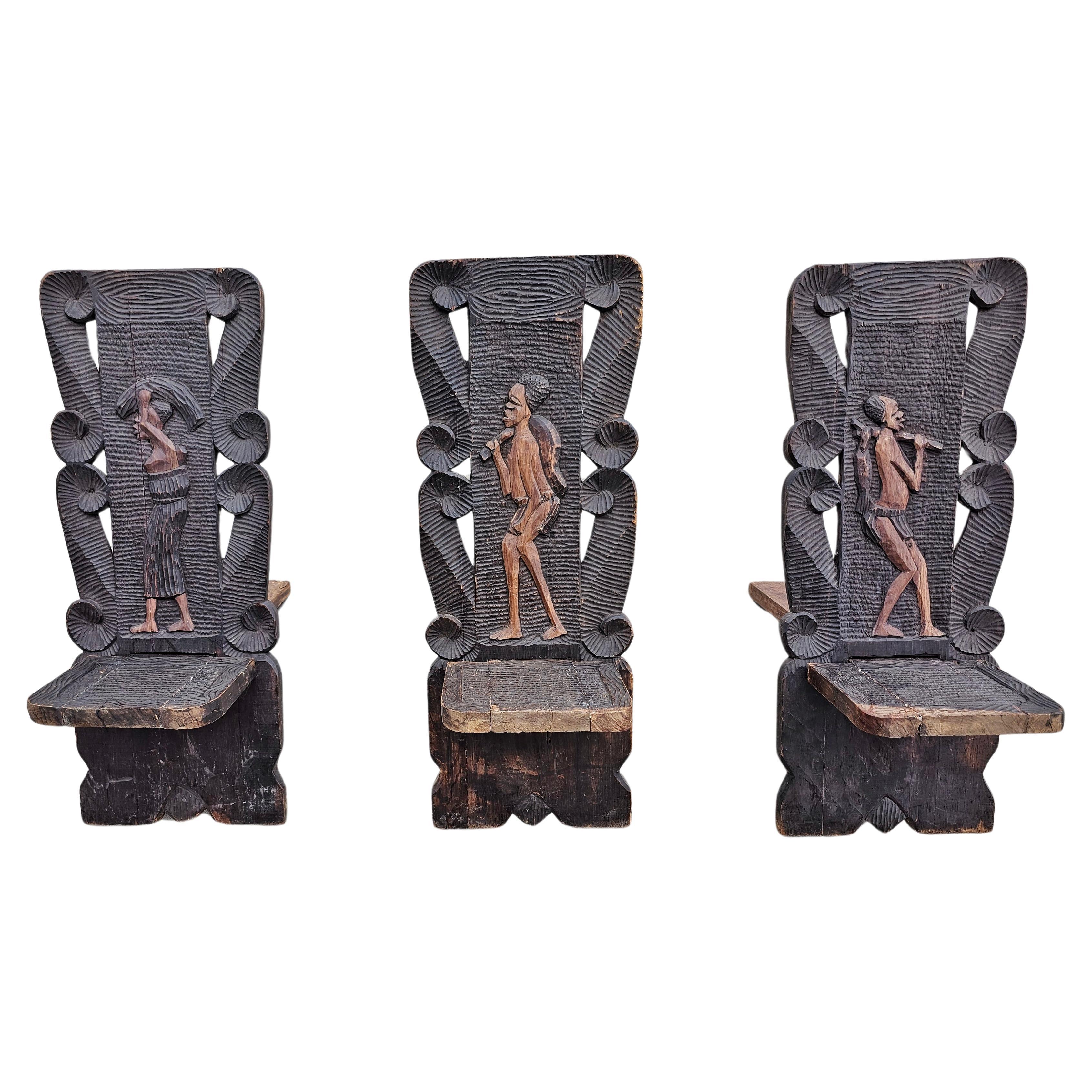 Antique Western African Stargazer Chairs done in hand-carved wood, 1890s For Sale