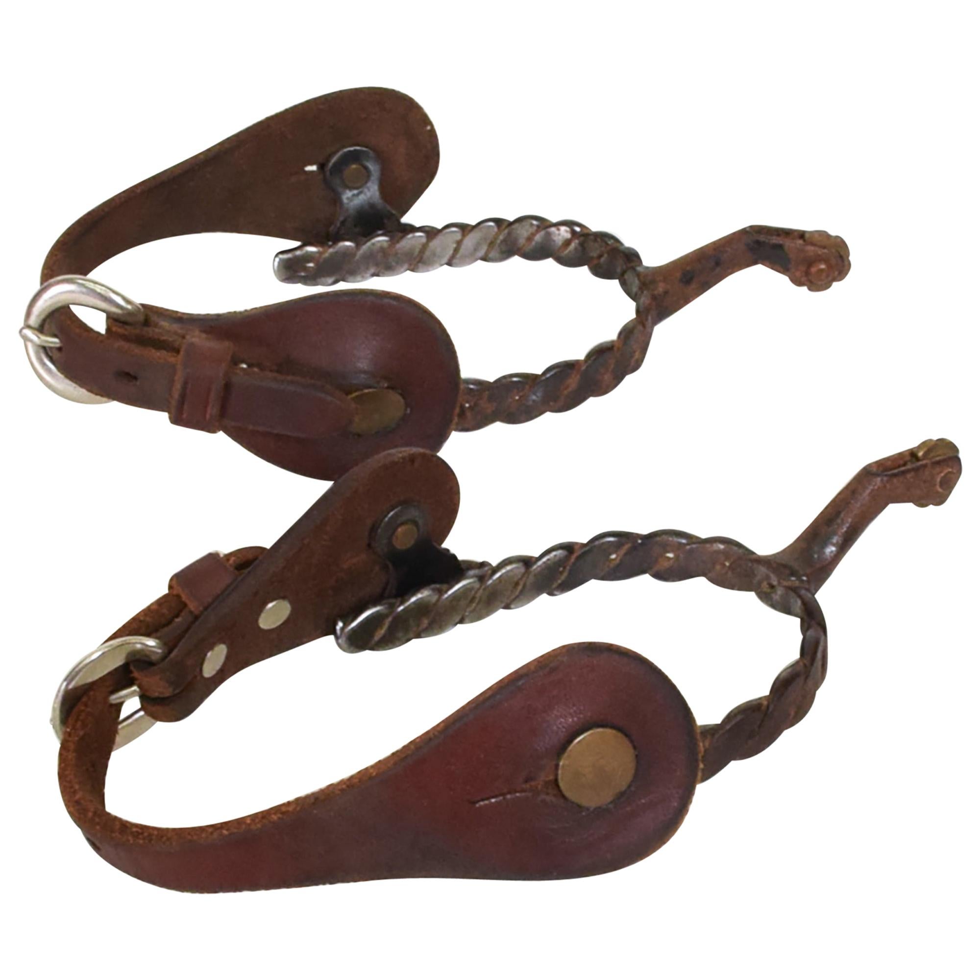 1950s Western Cowboy Spurs Braided Iron Leather & Brass  For Sale