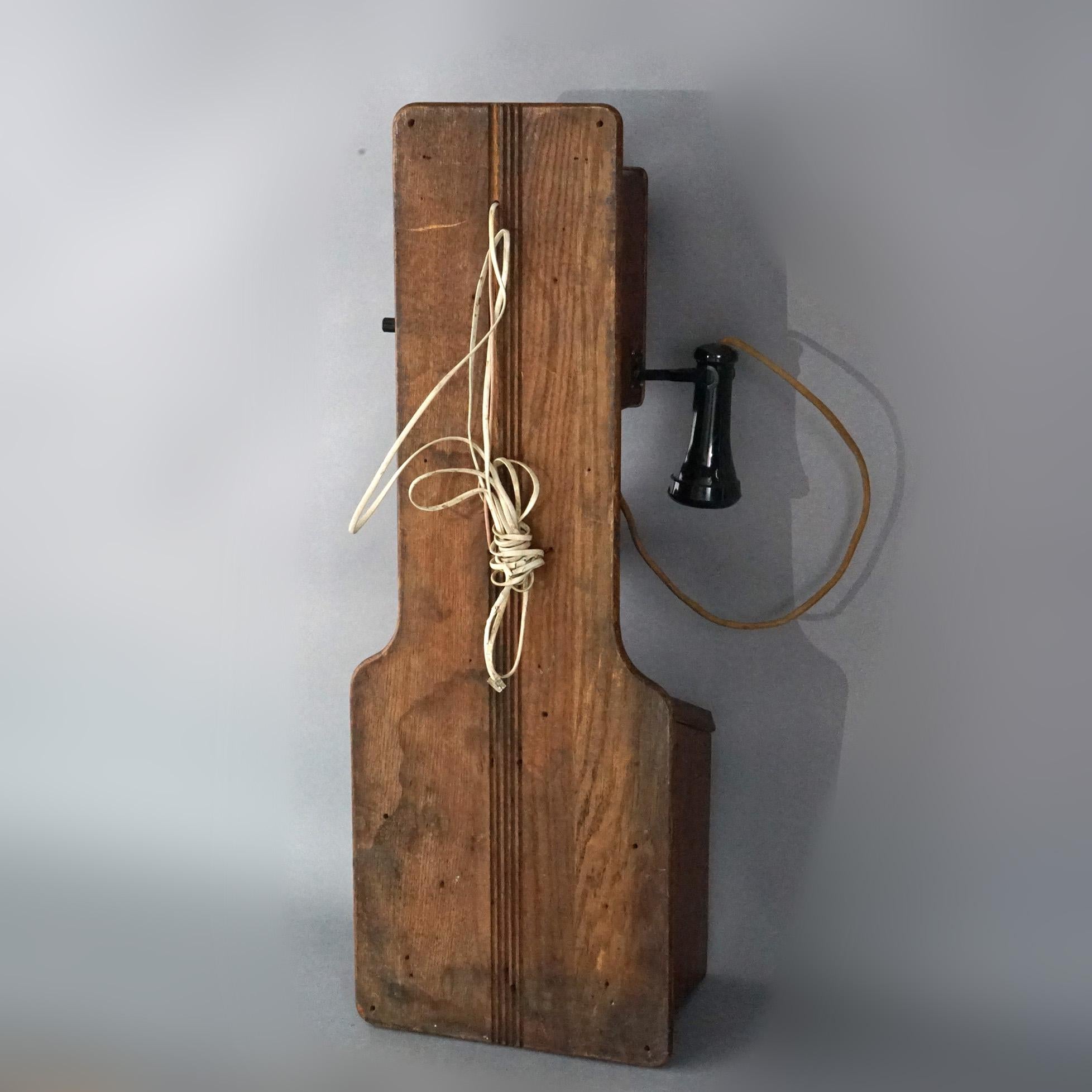 Antique Western Electric Oak Hand-Crank Wall Telephone with Modern Rewire, C1900 In Good Condition In Big Flats, NY