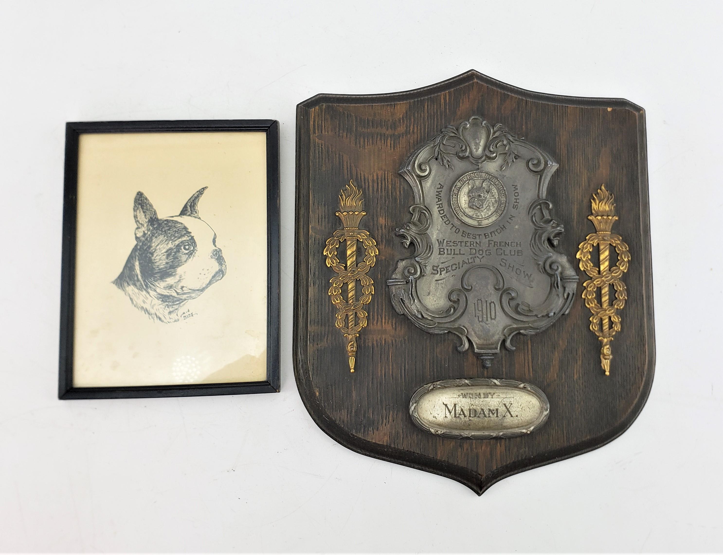 20th Century Antique Western French Bulldog Club Best in Show Madam X Plaque & Artist Drawing For Sale