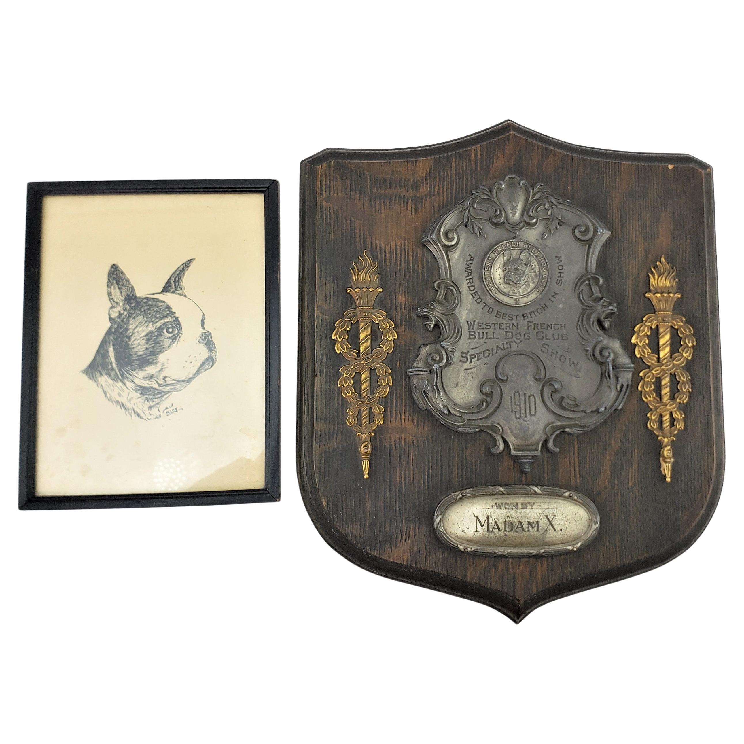 Antique Western French Bulldog Club Best in Show Madam X Plaque & Artist Drawing