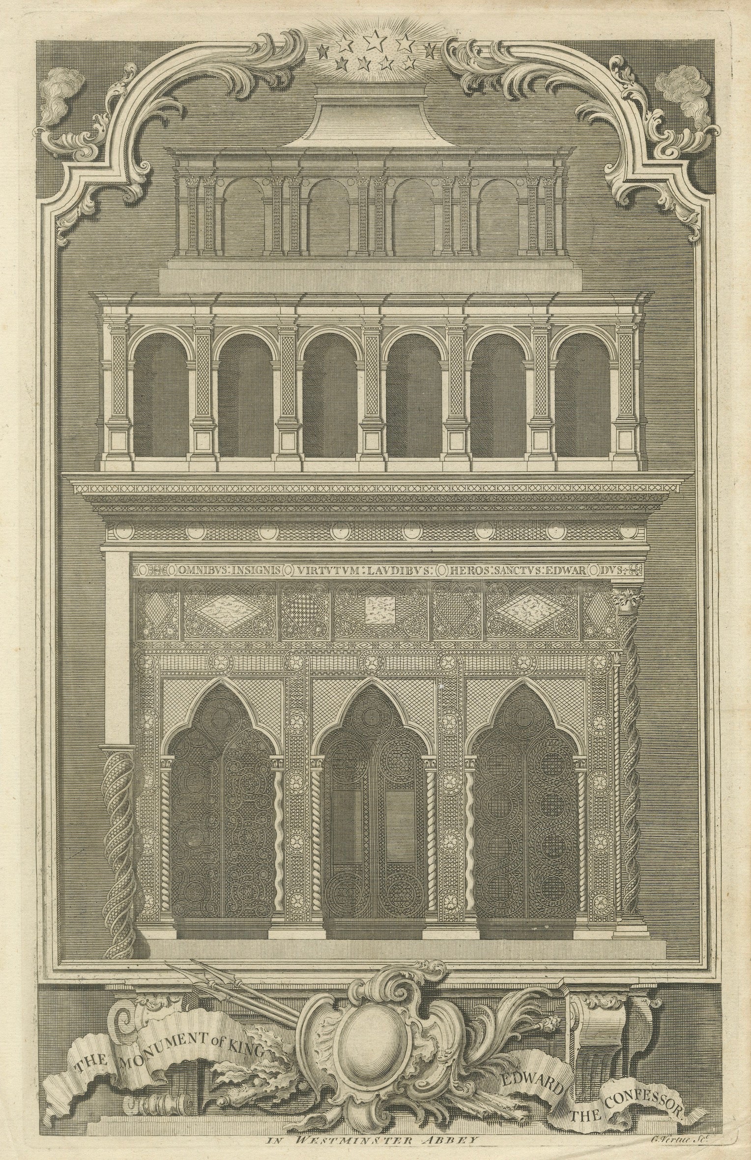 Antique Westminster Abbey Monument Engraving – Vertue, England, c.1735
