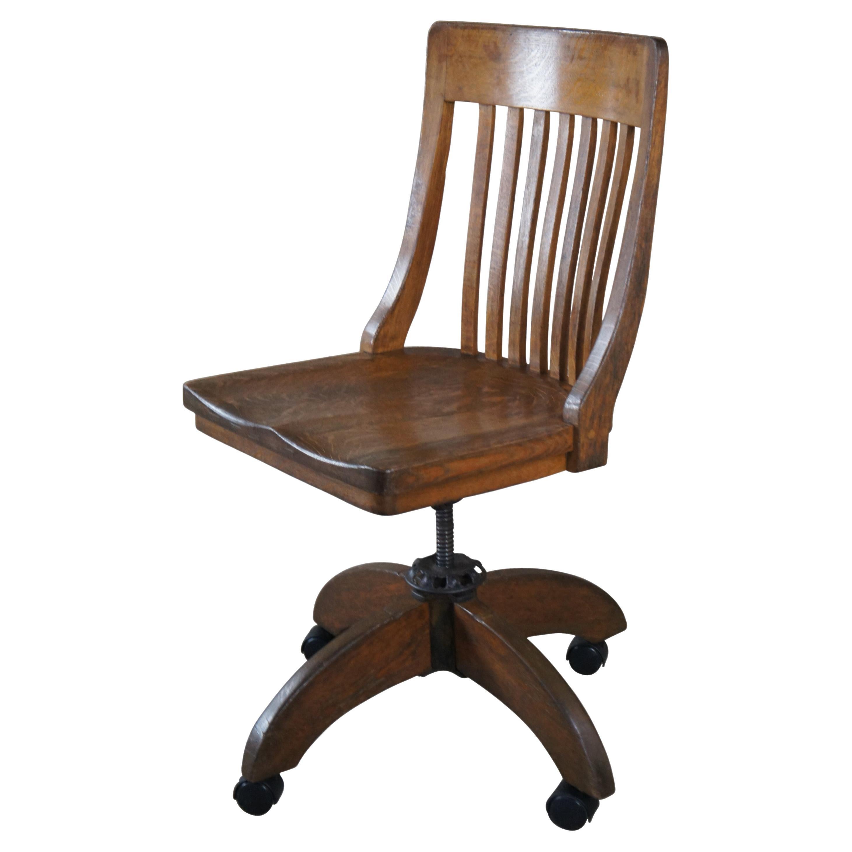 Antique WH Gunlocke Quartersawn Oak Adjustable Swivel Library Office Desk Chair 