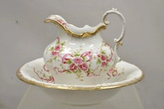Antique WH Tatler Porcelain Pink Rose Flower Victorian Bath Wash Basin, 4 Pc Set