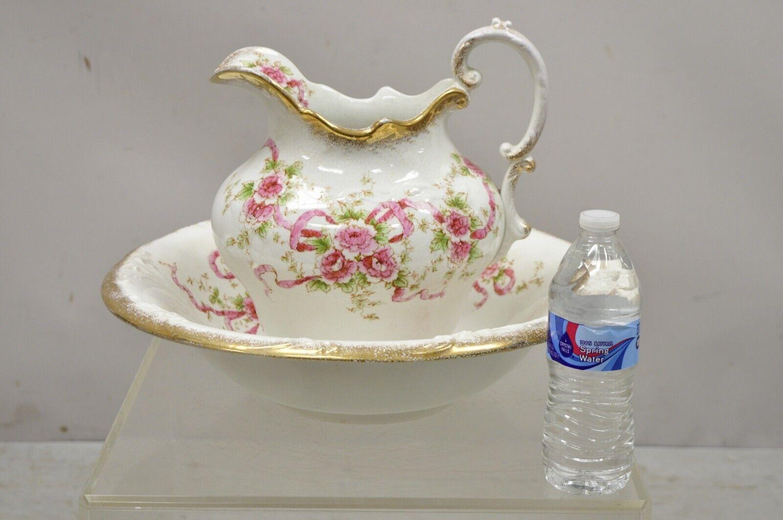 Antique W.H. Tatler Porcelain Pink Rose Flower Wash Basin - 4 Pc Set For Sale 4
