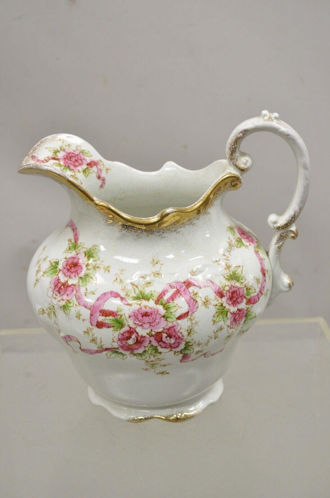 Victorian Antique W.H. Tatler Porcelain Pink Rose Flower Wash Basin - 4 Pc Set For Sale