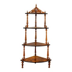 Antique Whatnot, English, Burr Walnut, Four-Tier Corner Display Stand circa 1880