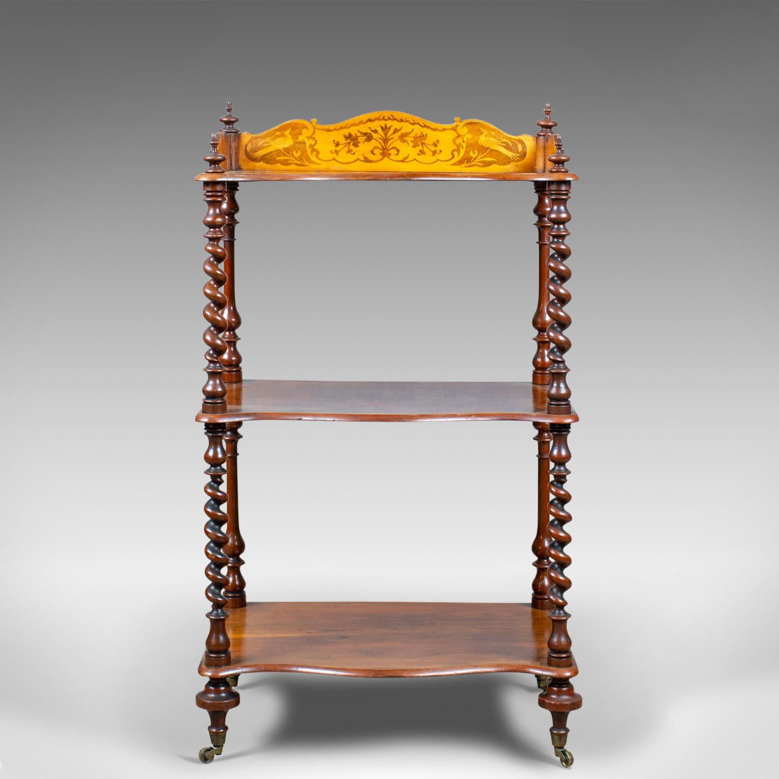 This is an antique whatnot, an English, walnut, three-tier, Victorian display stand dating to the mid 19th century, circa 1850. 

Delightful, rich tones to the select walnut
Good consistent colour in the wax polished finish
Grain interest with a