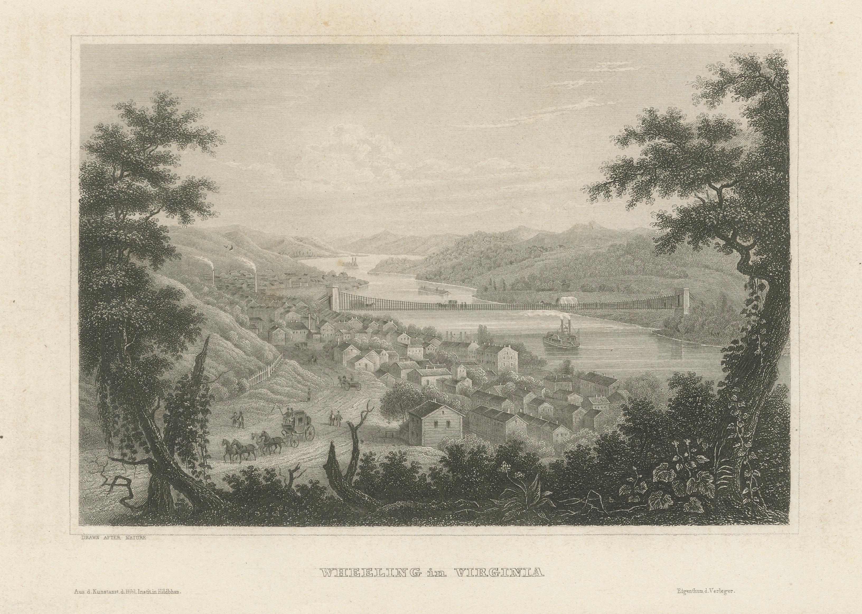 Antique Wheeling Virginia View, Suspension Bridge, Ohio River, Meyer c.1850