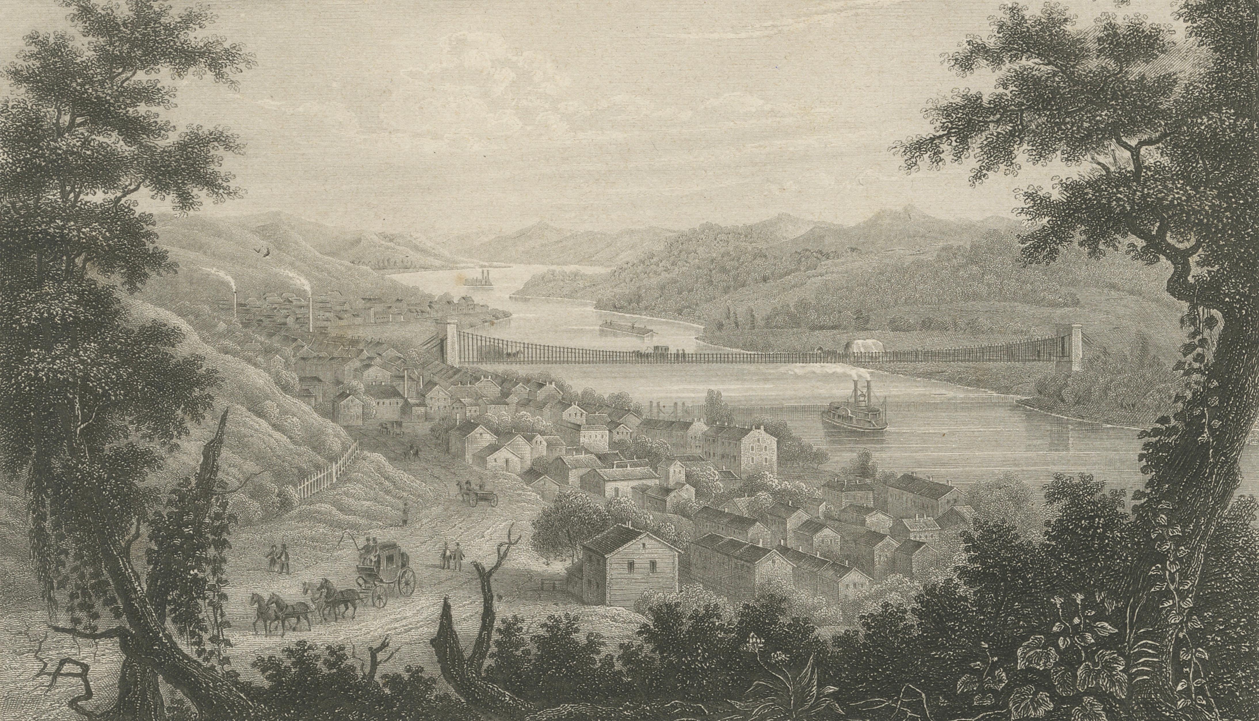 Antique Wheeling Virginia View, Suspension Bridge, Ohio River, Meyer c.1850