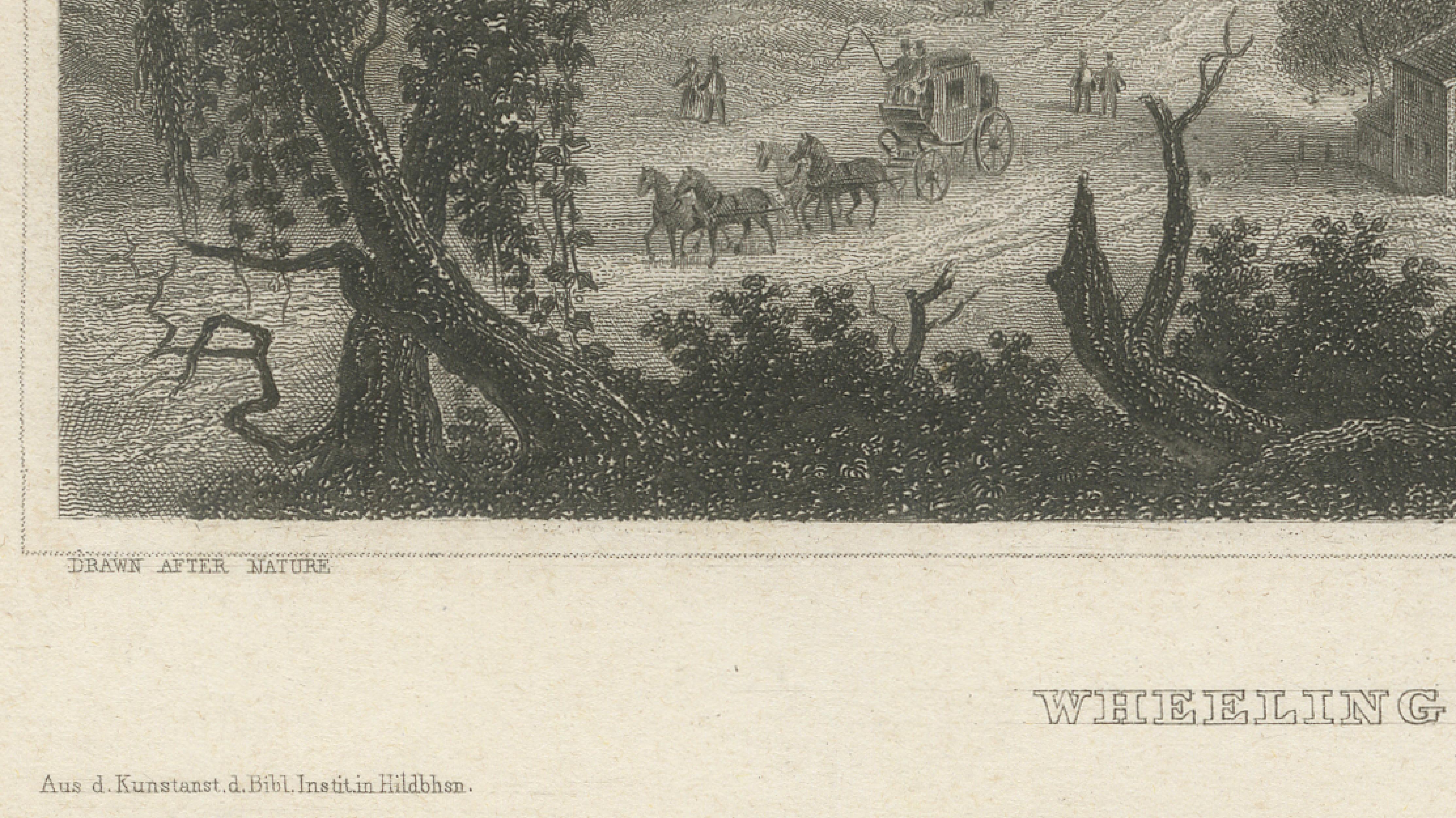 Antique Wheeling Virginia View, Suspension Bridge, Ohio River, Meyer c.1850