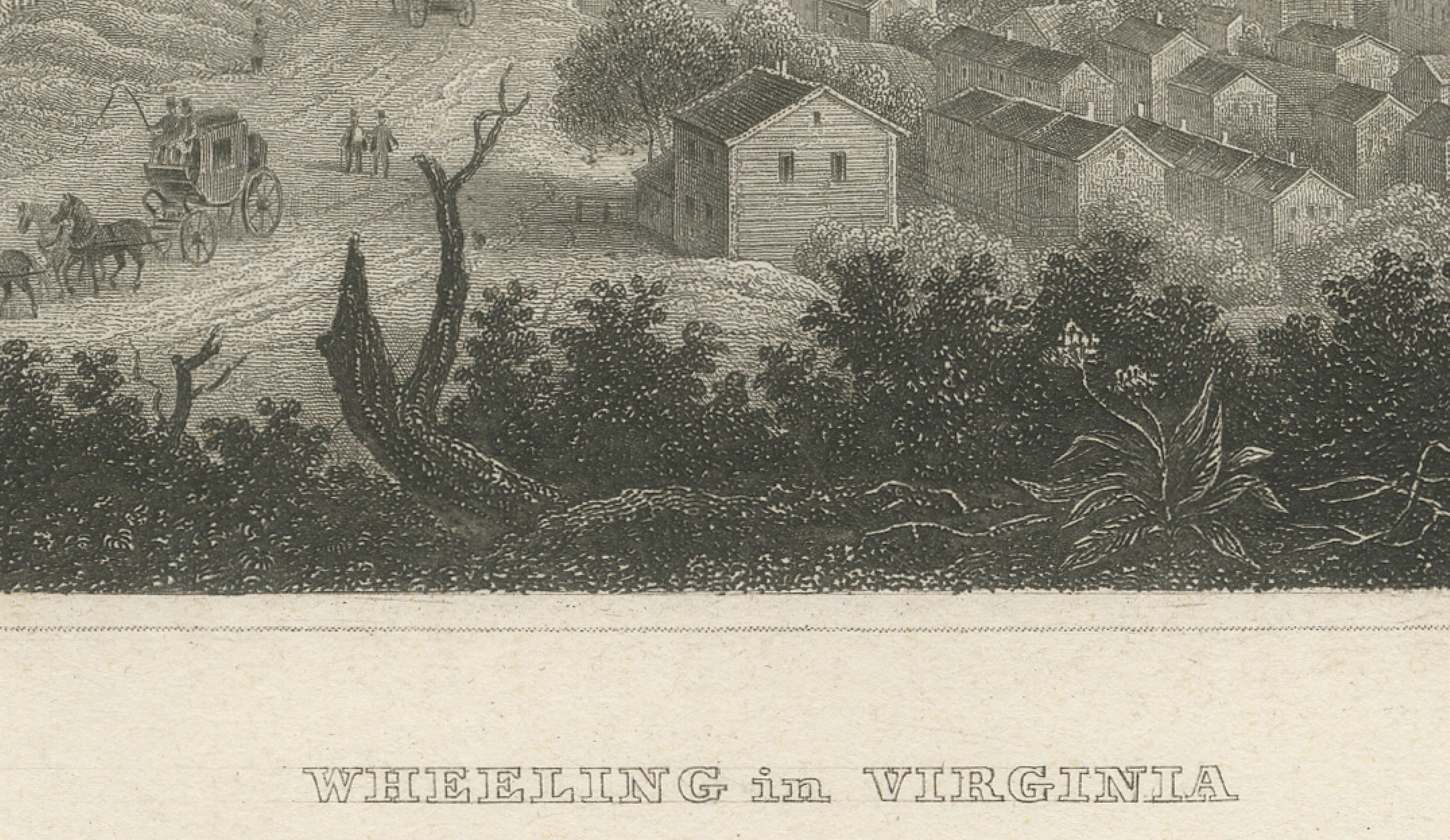 Antique Wheeling Virginia View, Suspension Bridge, Ohio River, Meyer c.1850