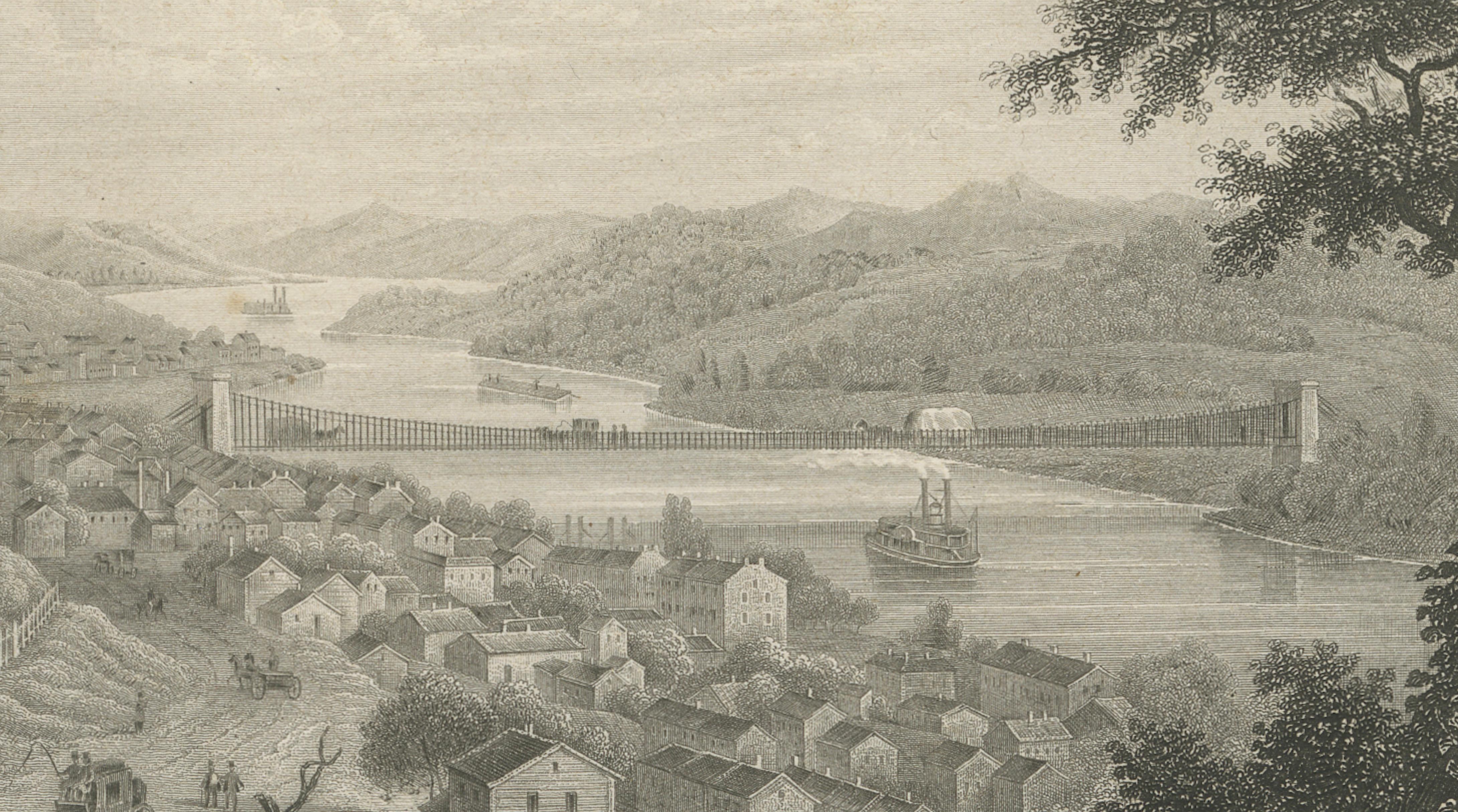 Antique Wheeling Virginia View, Suspension Bridge, Ohio River, Meyer c.1850