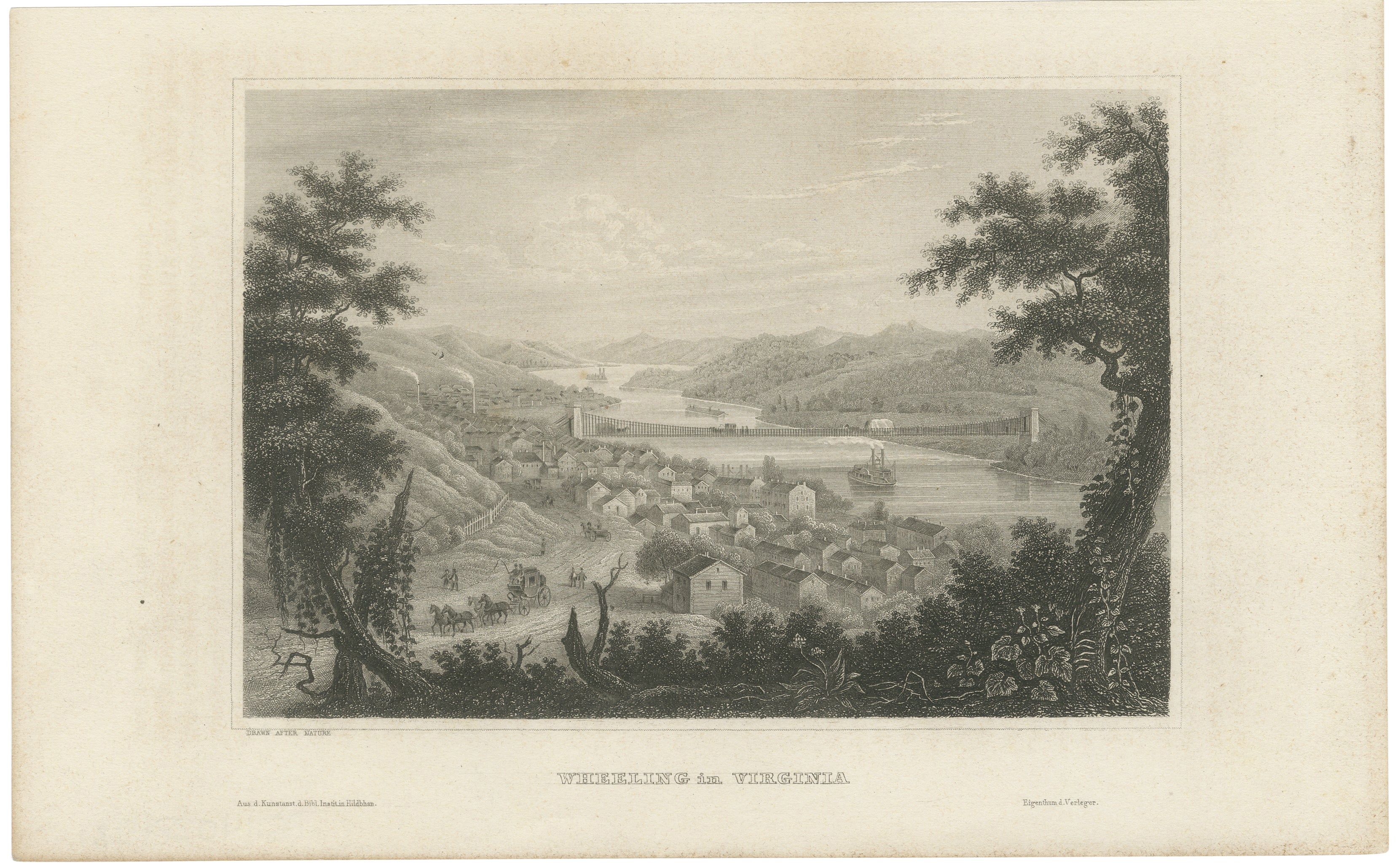 Antique Wheeling Virginia View, Suspension Bridge, Ohio River, Meyer c.1850