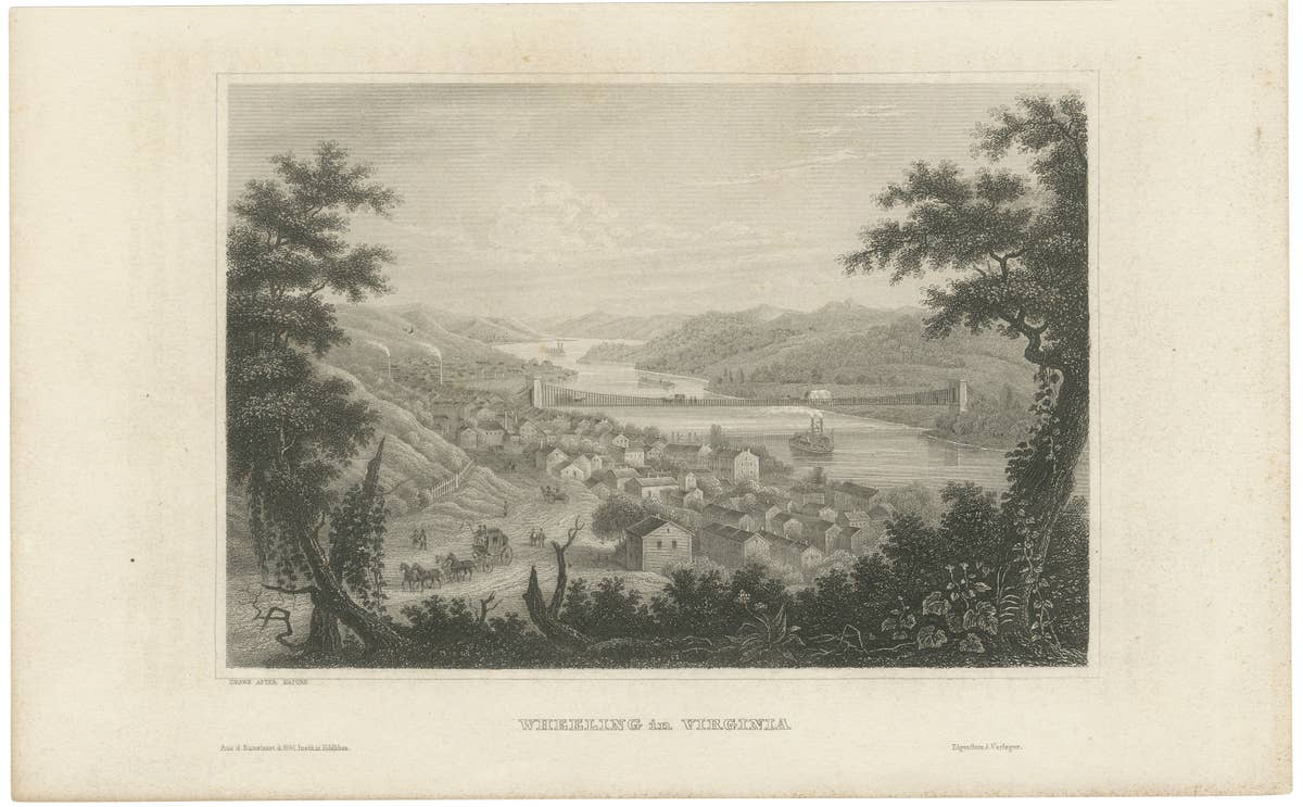 Antique Wheeling Virginia View, Suspension Bridge, Ohio River, Meyer c.1850