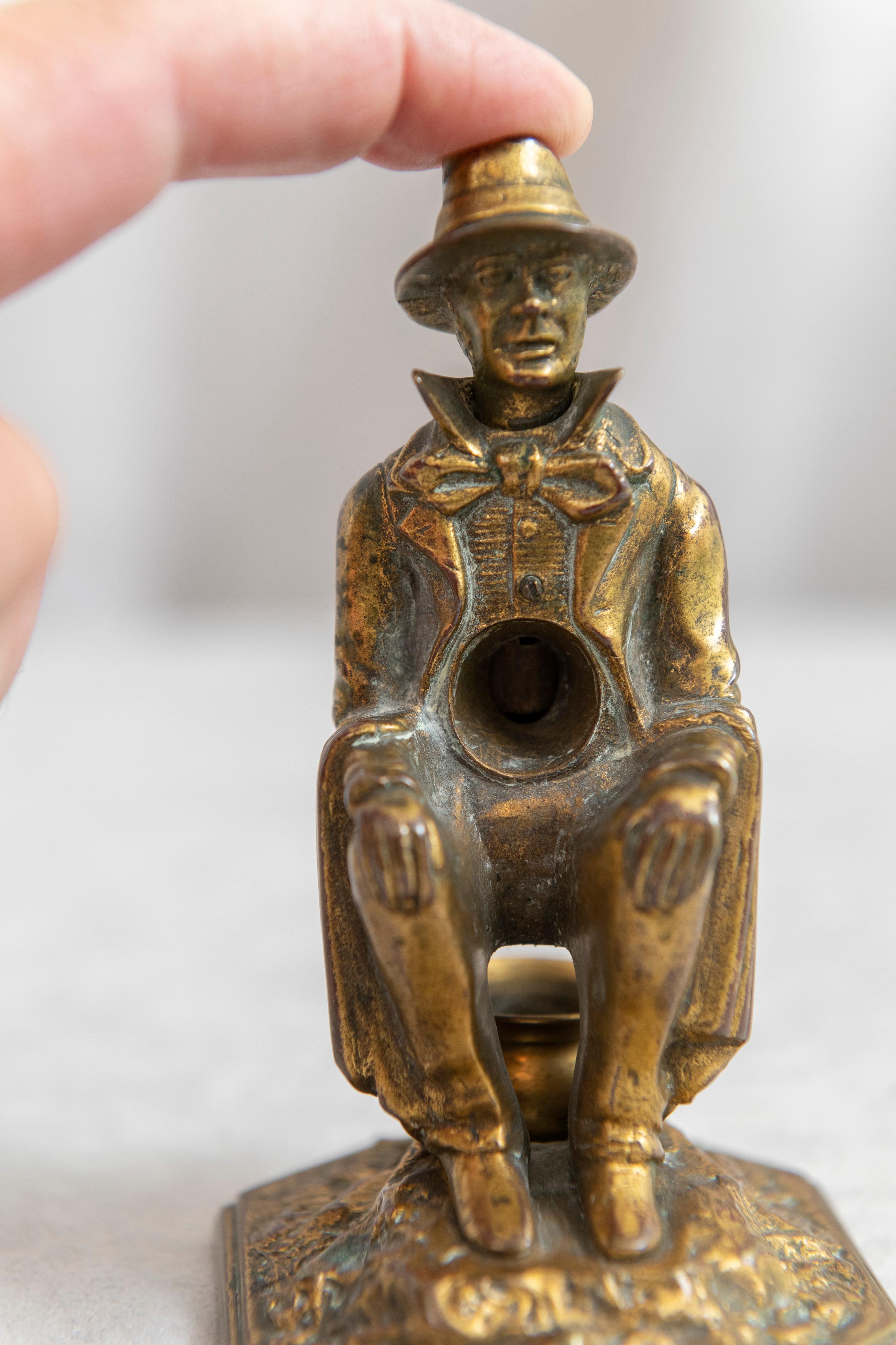 Cast Antique Whimsical Bronze Cigar Cutter, Man on Potty, Ca 1910