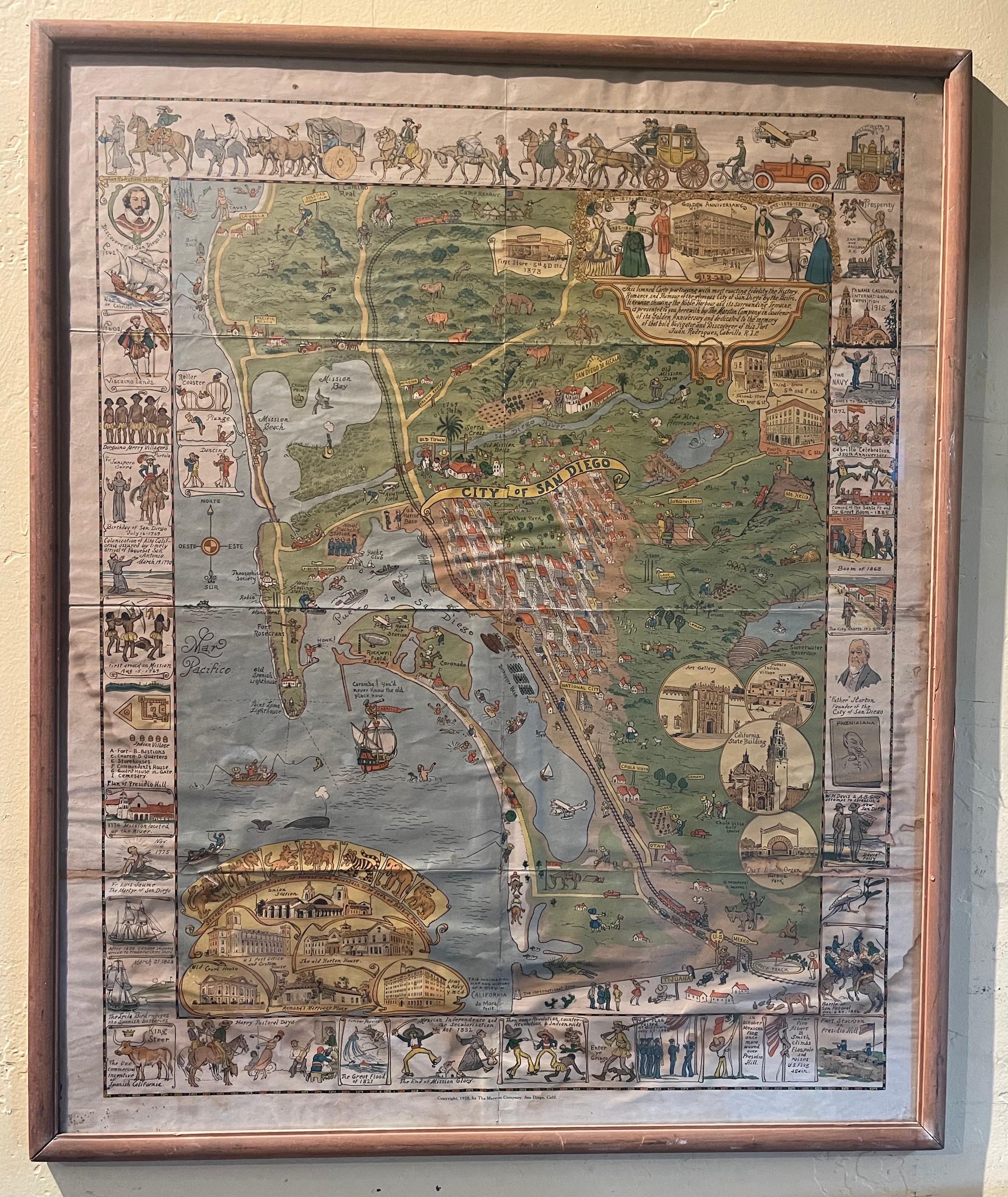 Antique whimsical map of San Diego, California by Jo Mora for Marston Stores, circa 1928. The rare map itself measures 22