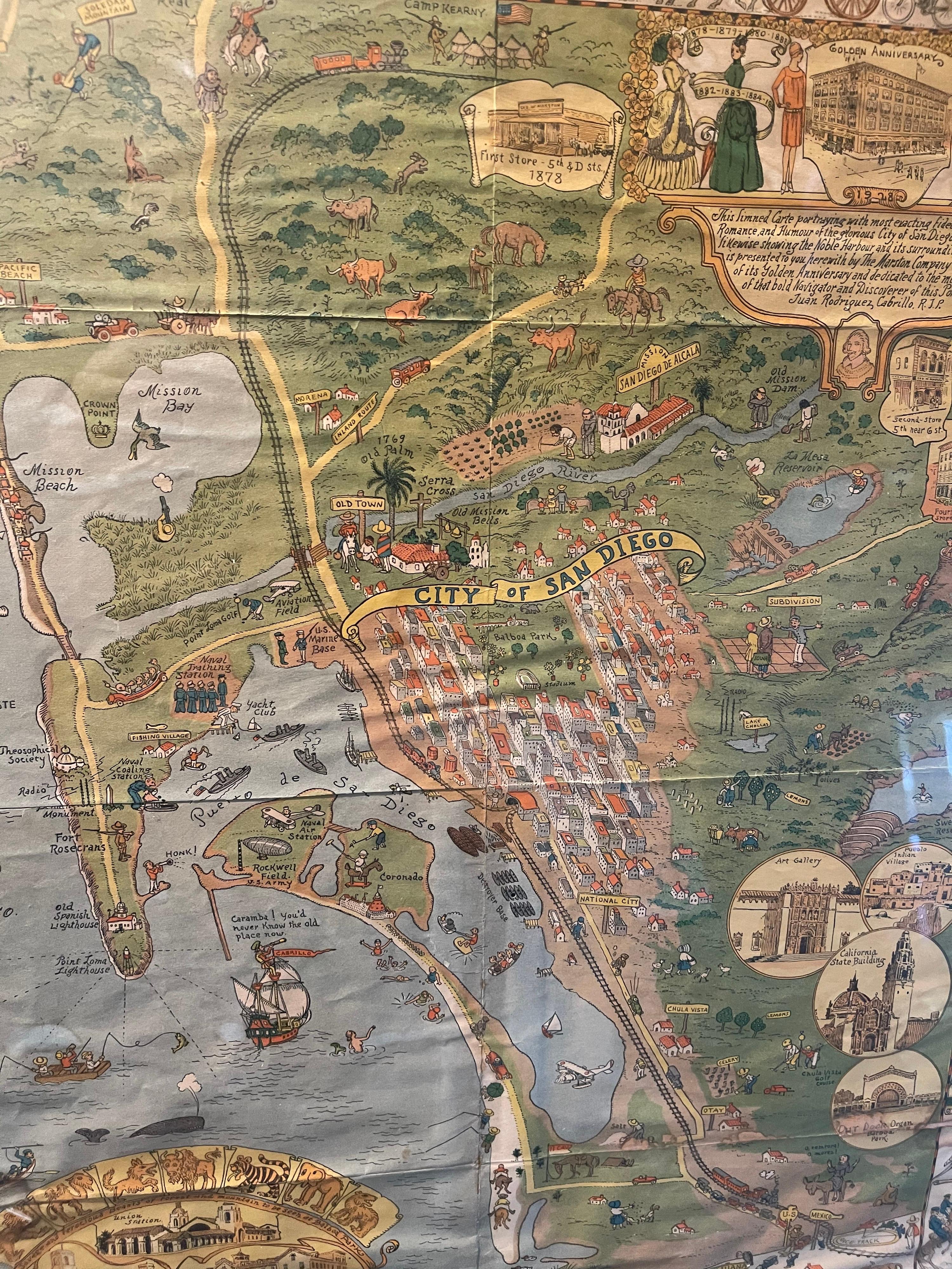 American Antique Whimsical Map of San Diego, California by Jo Mora for Marston Stores