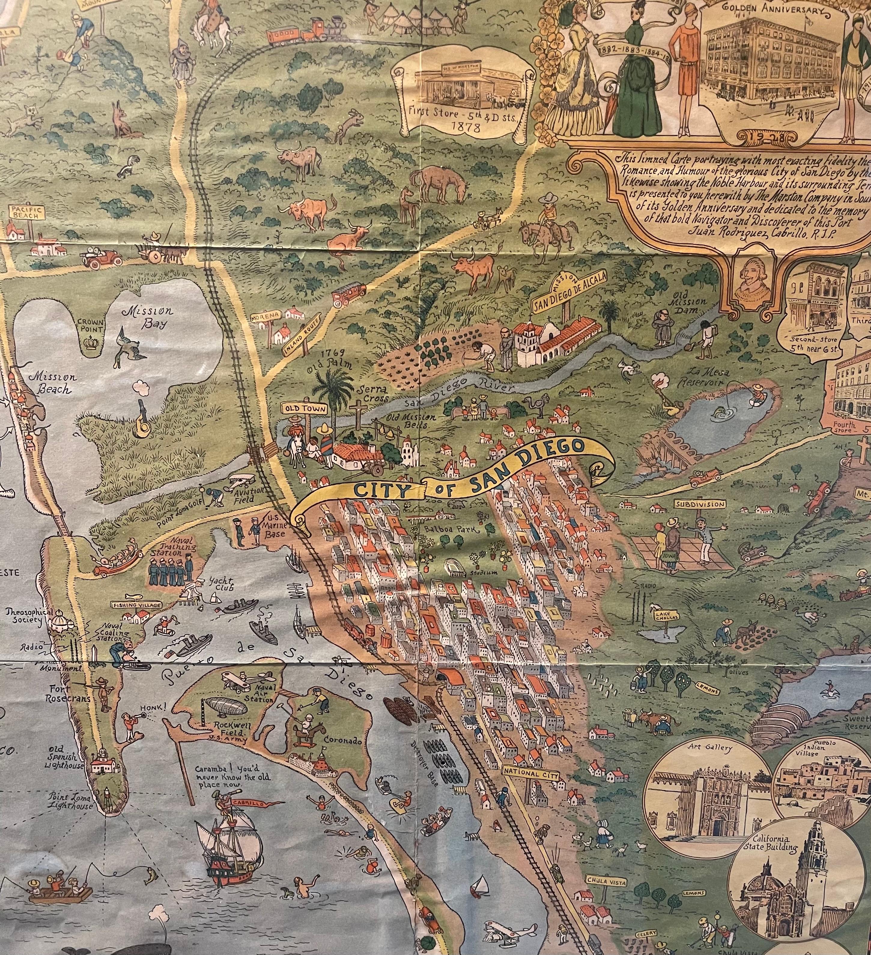 20th Century Antique Whimsical Map of San Diego, California by Jo Mora for Marston Stores