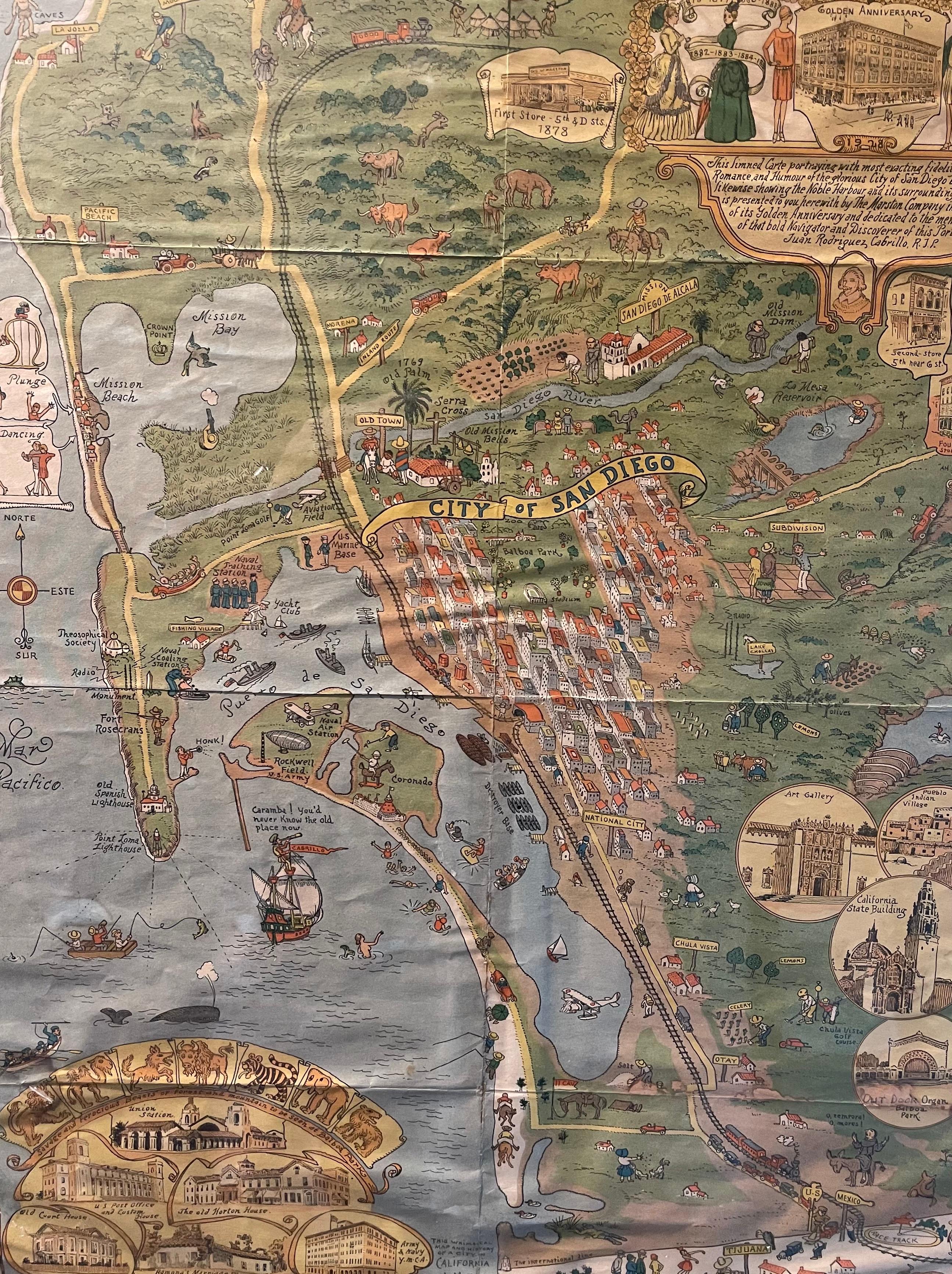 Paper Antique Whimsical Map of San Diego, California by Jo Mora for Marston Stores