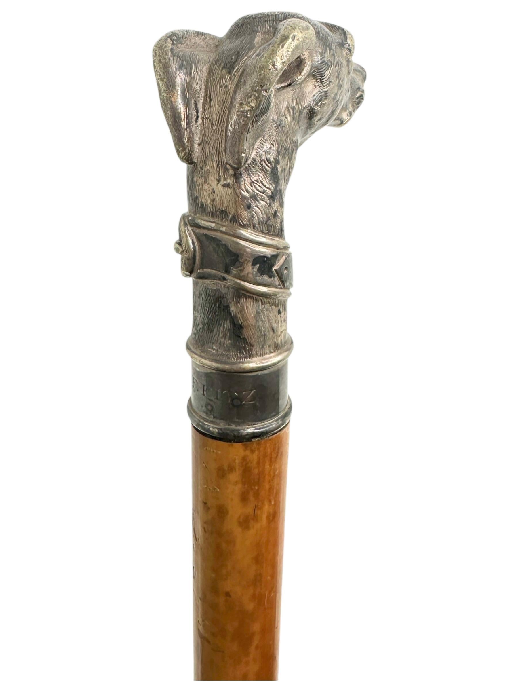 Metal Antique Whippet Greyhound Head Dog Walking Stick Cane, 1890s, Germany