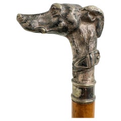Antique Whippet Greyhound Head Dog Walking Stick Cane, 1890s, Germany