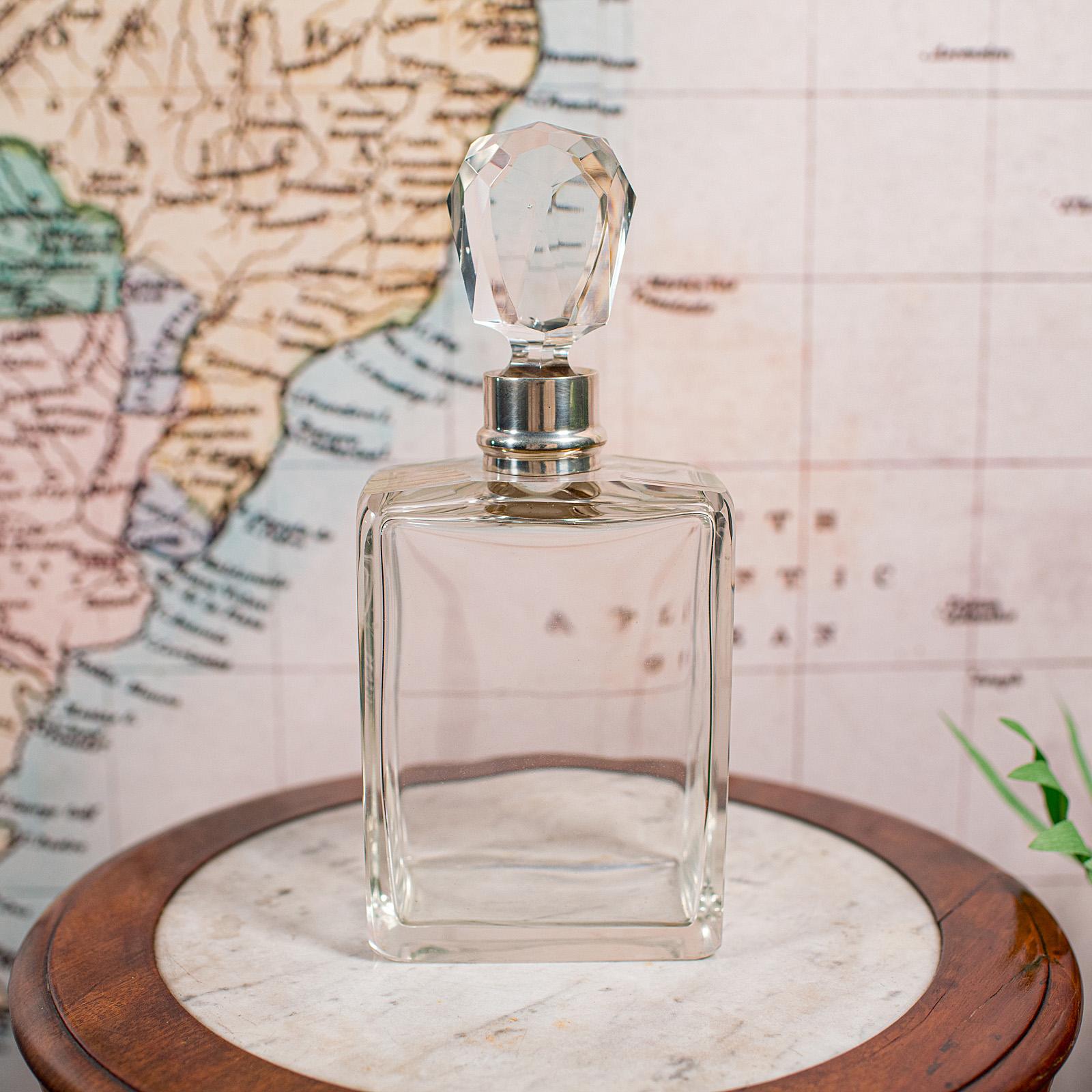 Other Antique Whiskey Decanter, English Glass Scotch Bottle, Silver Collar, Hallmarked For Sale