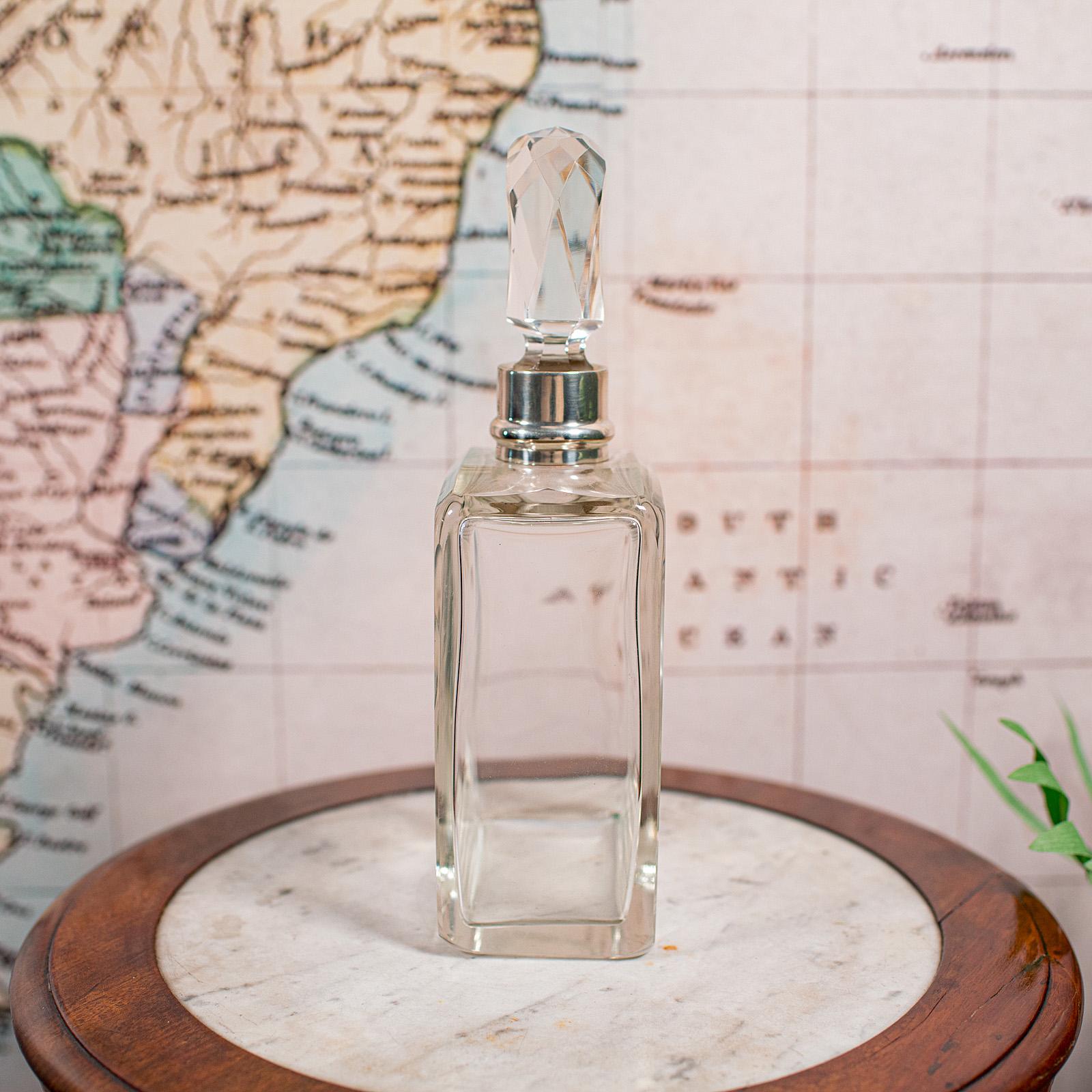 British Antique Whiskey Decanter, English Glass Scotch Bottle, Silver Collar, Hallmarked For Sale