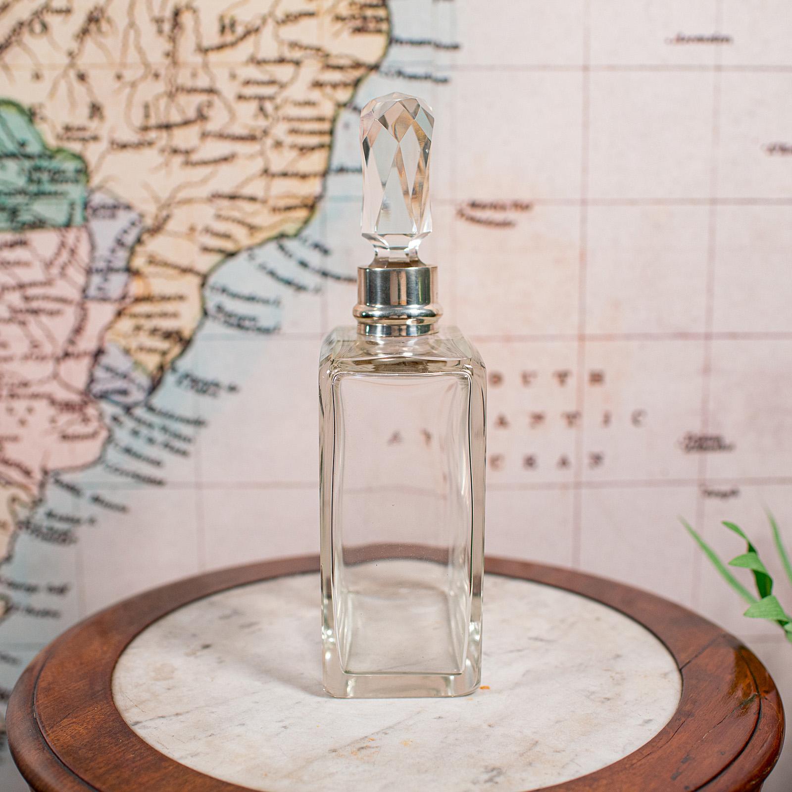 Early 20th Century Antique Whiskey Decanter, English Glass Scotch Bottle, Silver Collar, Hallmarked For Sale