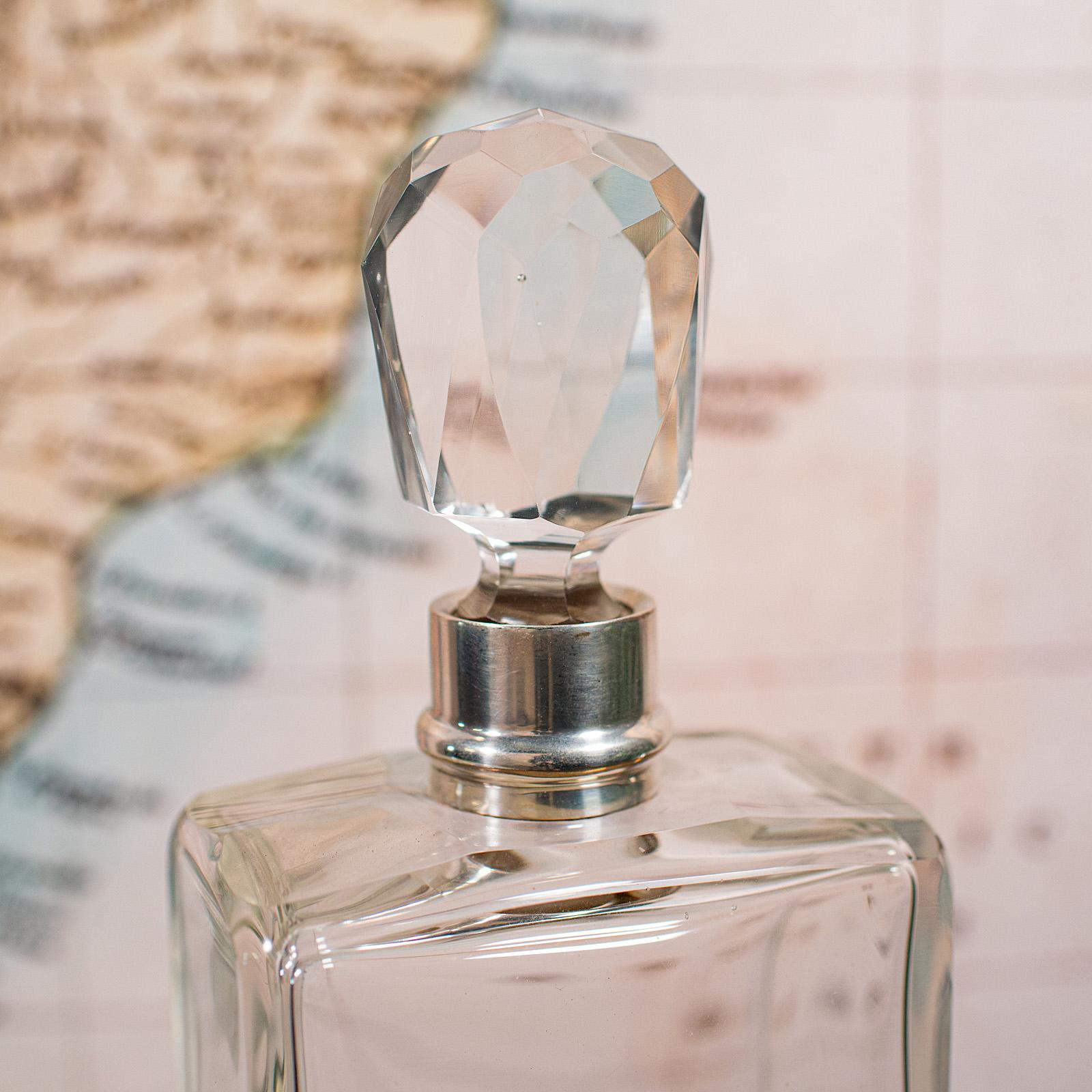 Sterling Silver Antique Whiskey Decanter, English Glass Scotch Bottle, Silver Collar, Hallmarked For Sale