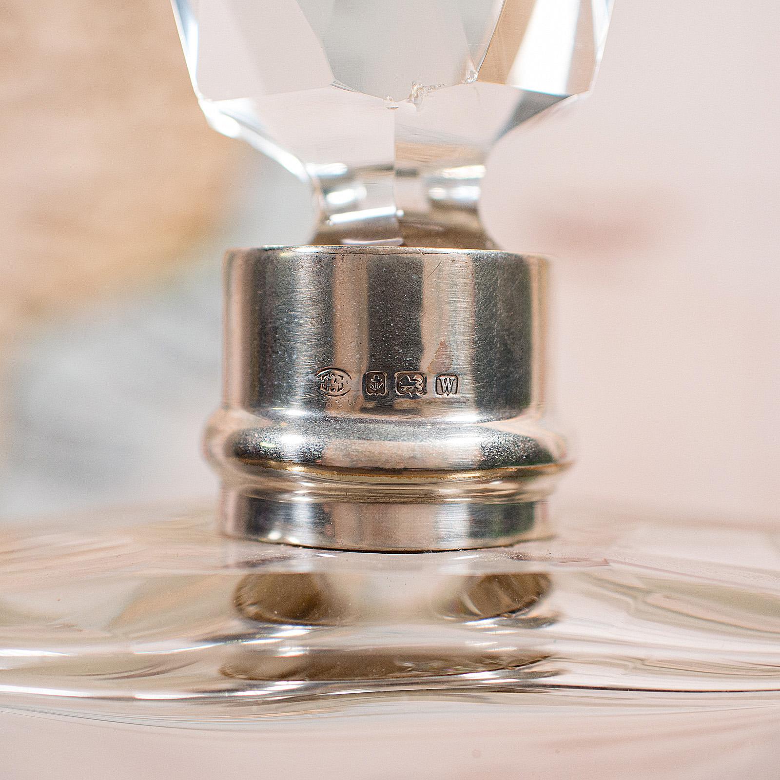 Antique Whiskey Decanter, English Glass Scotch Bottle, Silver Collar, Hallmarked For Sale 1