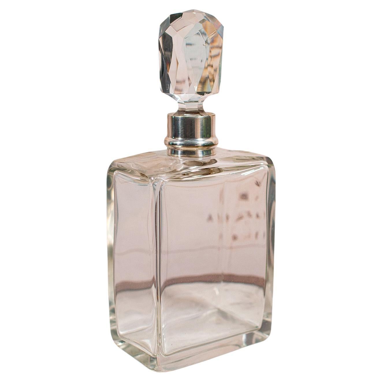 Antique Whiskey Decanter, English Glass Scotch Bottle, Silver Collar, Hallmarked For Sale