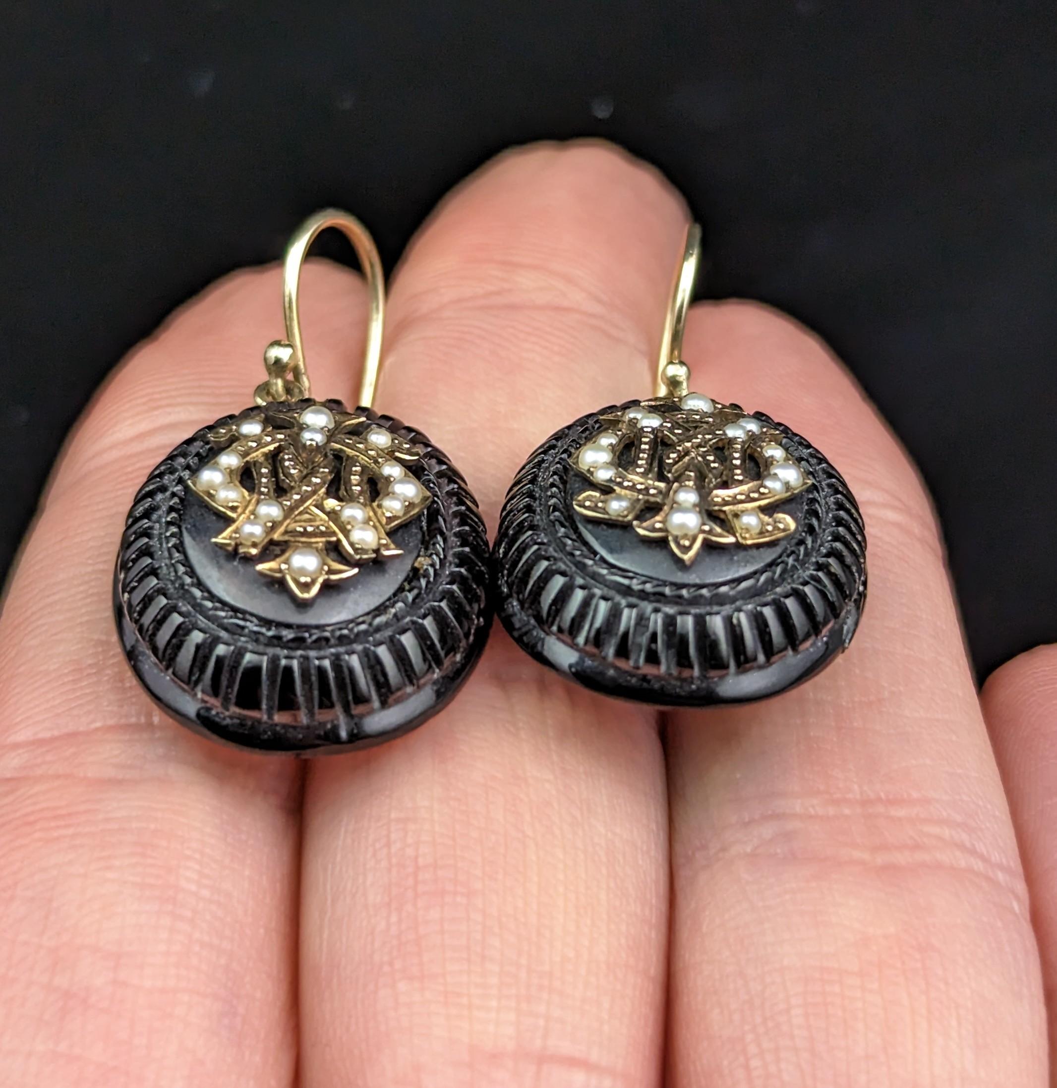 Antique Whitby Jet Mourning Earrings, 9k Gold and Seed Pearl, IMO 2