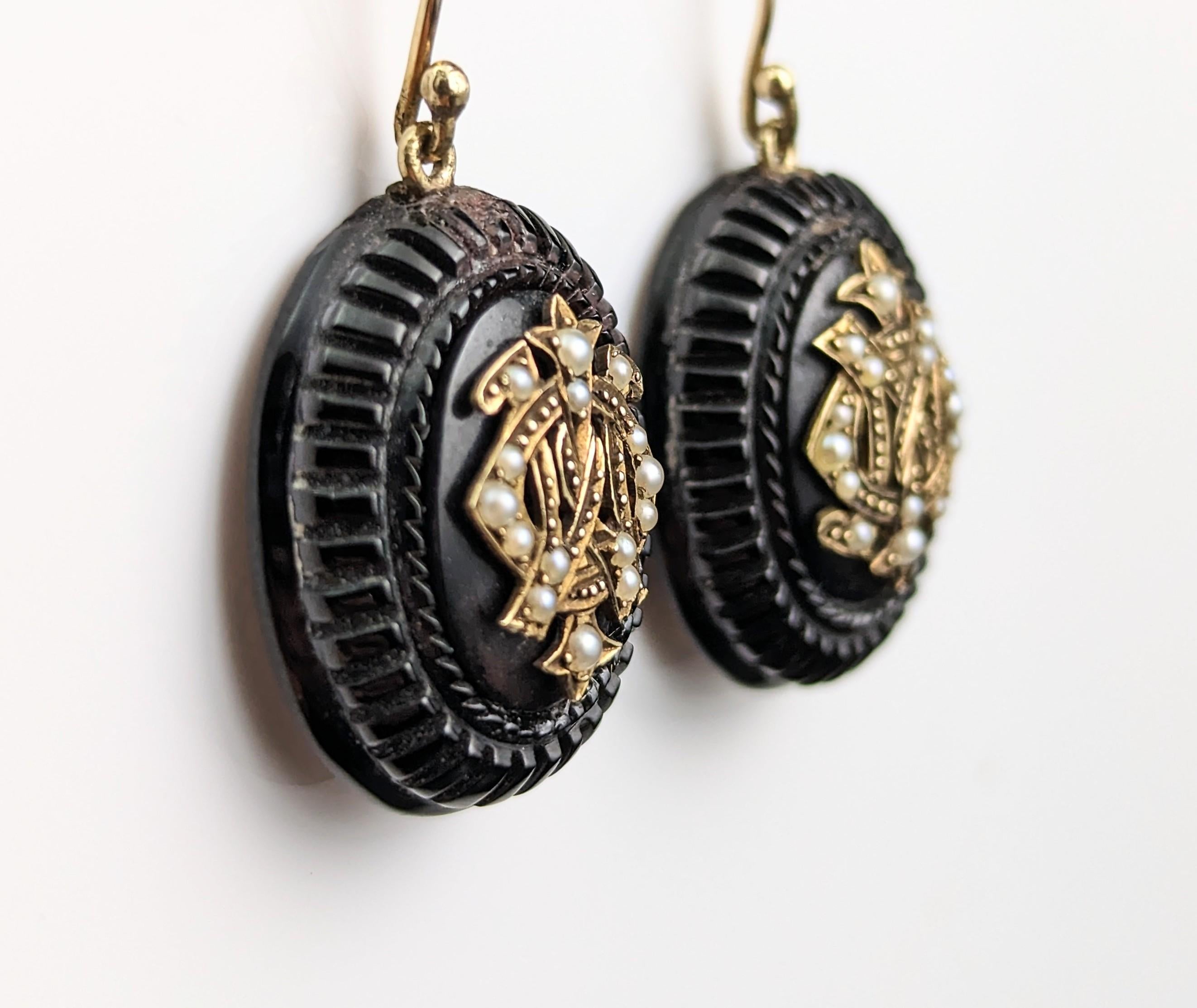 Antique Whitby Jet Mourning Earrings, 9k Gold and Seed Pearl, IMO 3