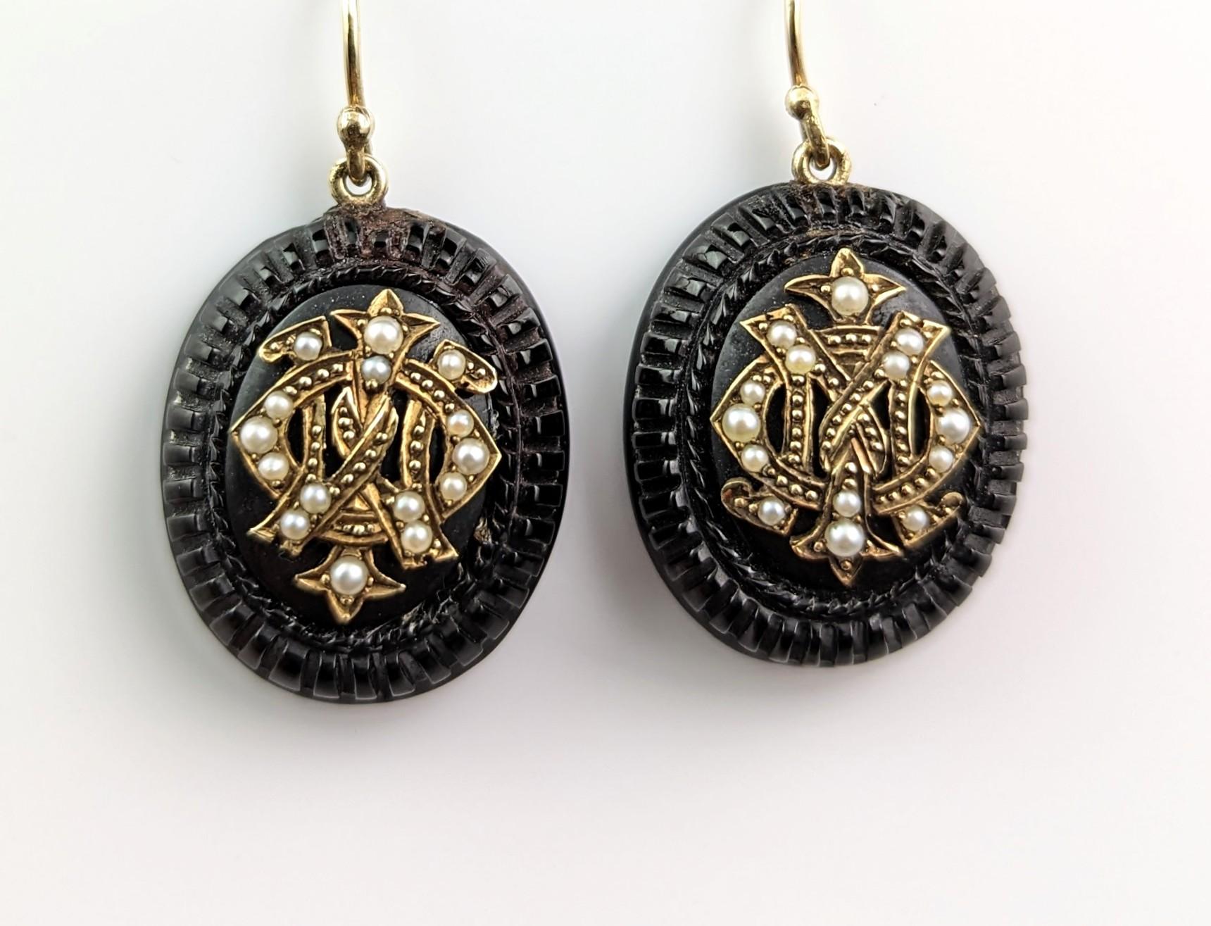 Antique Whitby Jet Mourning Earrings, 9k Gold and Seed Pearl, IMO 4
