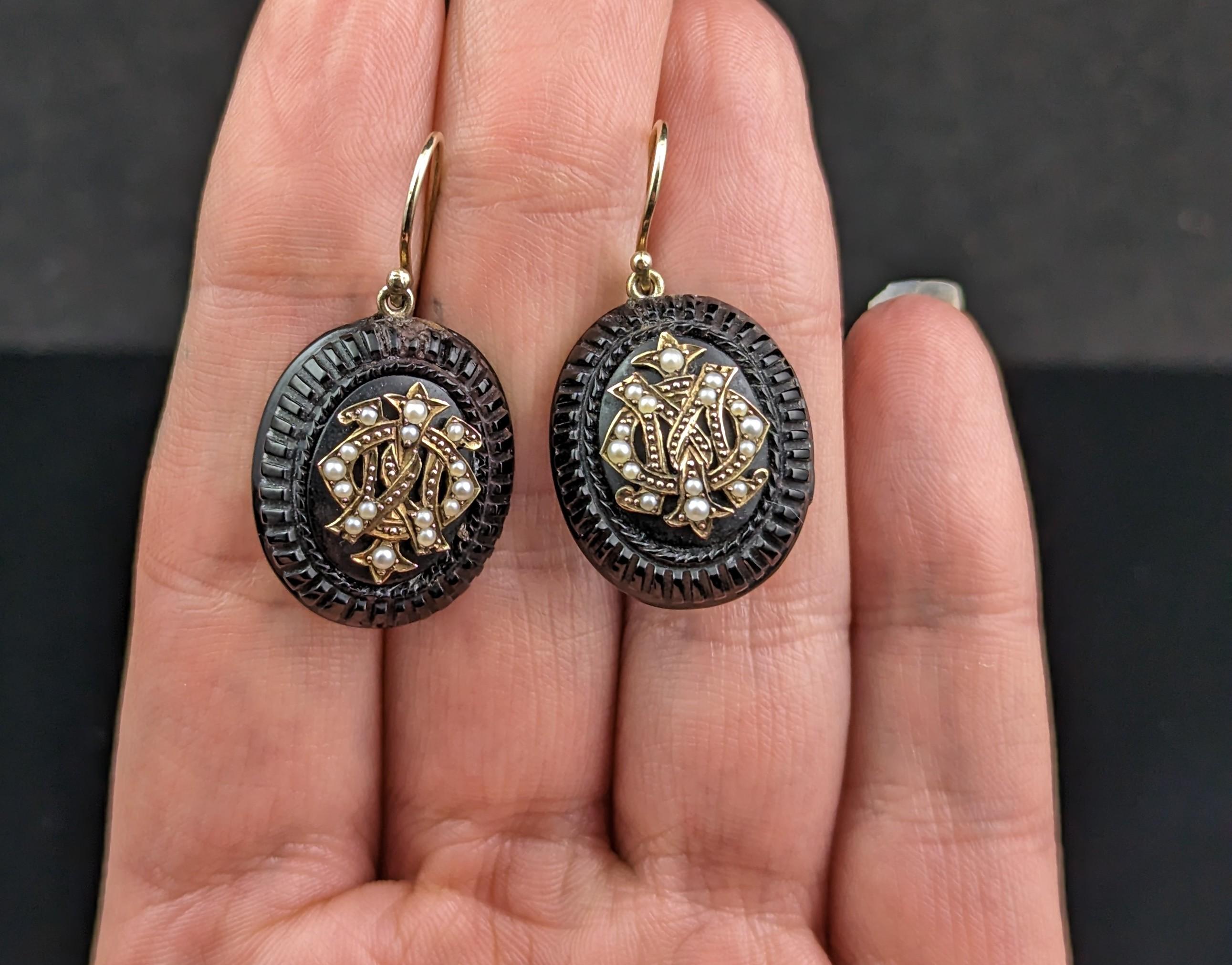 Women's Antique Whitby Jet Mourning Earrings, 9k Gold and Seed Pearl, IMO