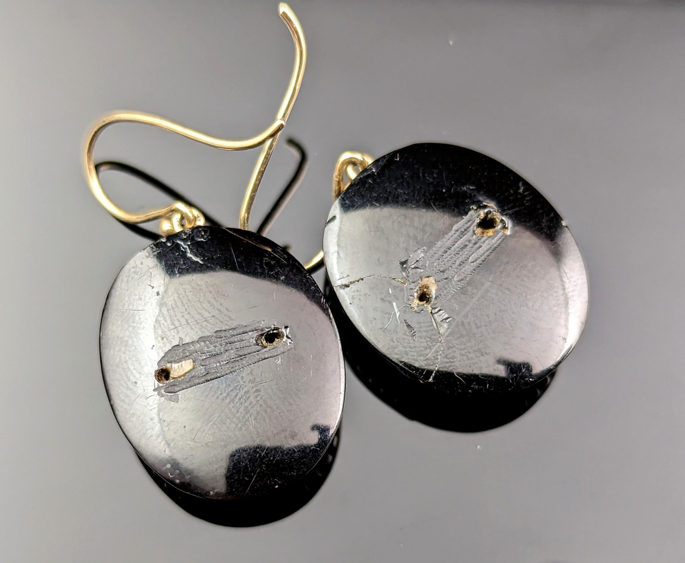 Antique Whitby Jet Mourning Earrings, 9k Gold and Seed Pearl, IMO 1