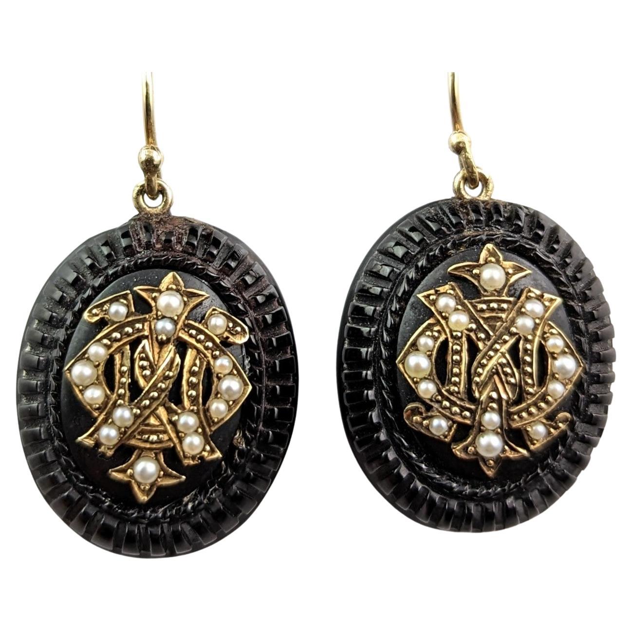 Antique Whitby Jet Mourning Earrings, 9k Gold and Seed Pearl, IMO