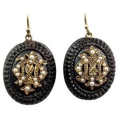 Antique Whitby Jet Mourning Earrings, 9k Gold and Seed Pearl, IMO
