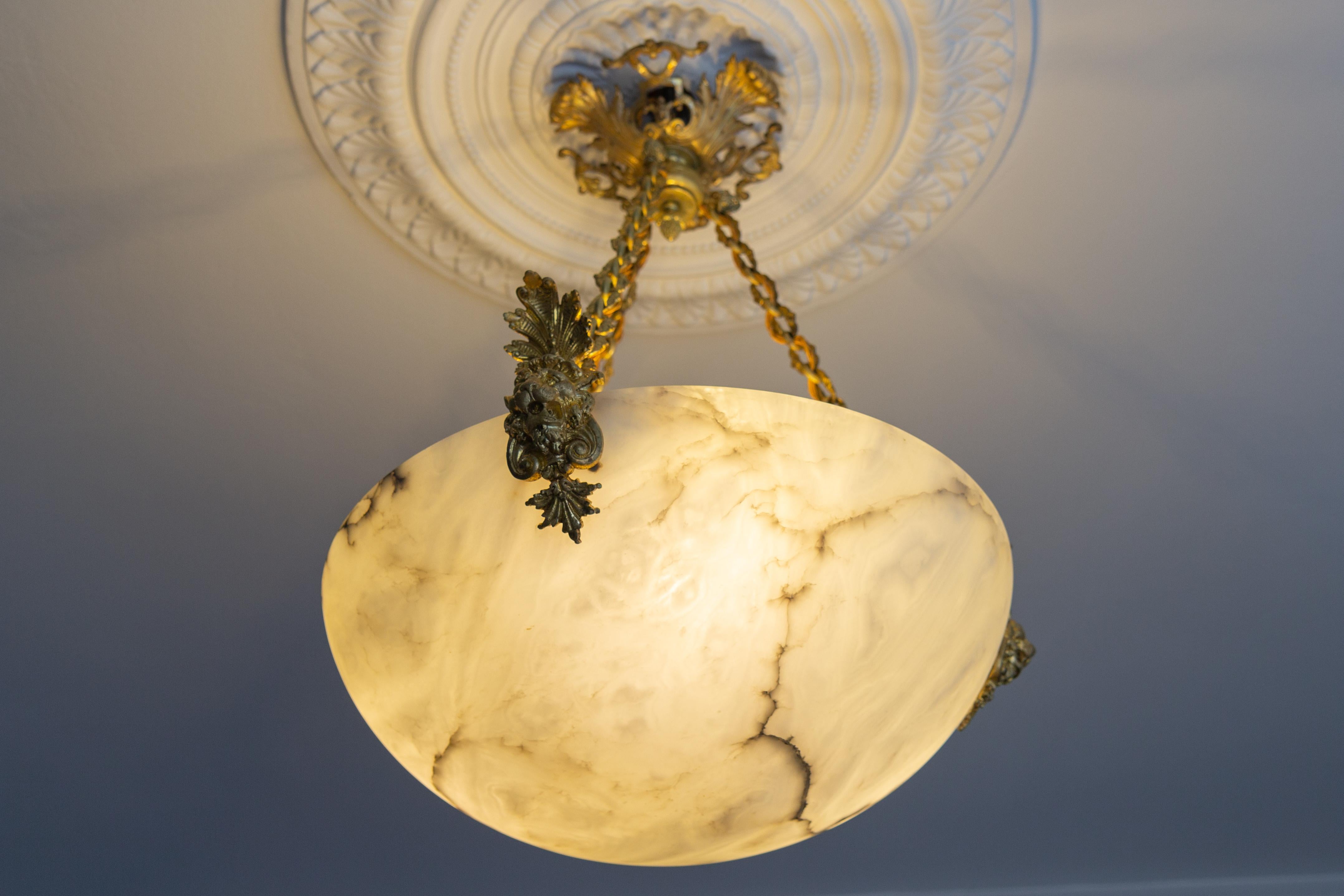 French Antique White Alabaster and Bronze Lion Heads Pendant Light, circa 1900