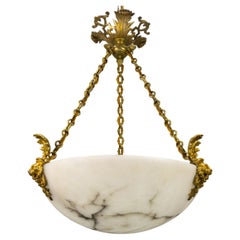 Antique White Alabaster and Bronze Lion Heads Pendant Light, circa 1900