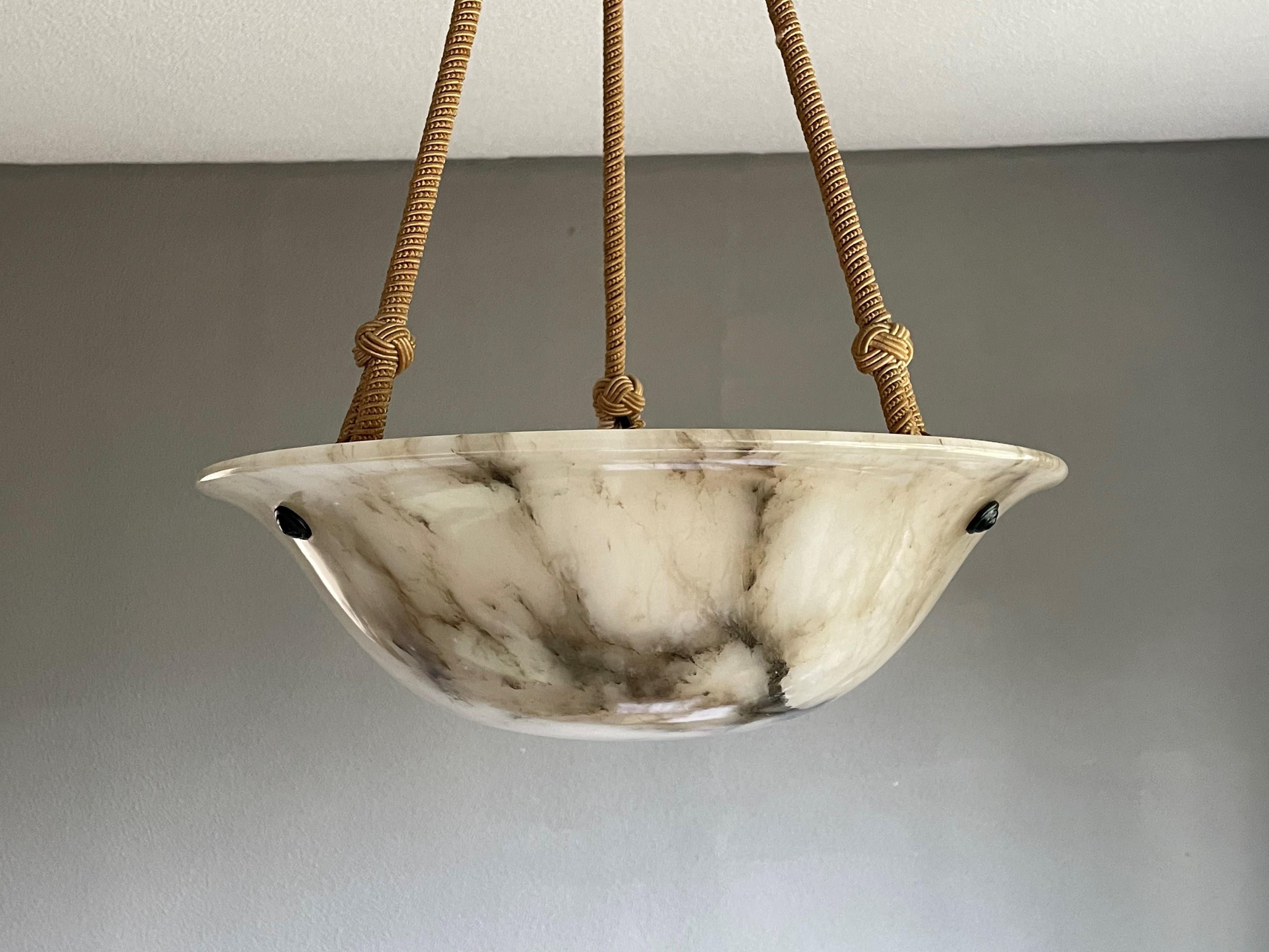 Hand-Carved Antique White Alabaster & Black Veins Pendant Chandelier W. Mint Shade & Canopy