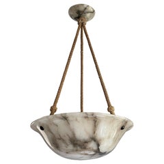 Antique White Alabaster & Black Veins Pendant Chandelier W. Mint Shade & Canopy