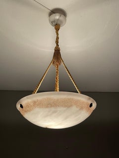 Antique White Alabaster Chandelier / Pendant w. Hand Carved Oak Leafs & Acorns