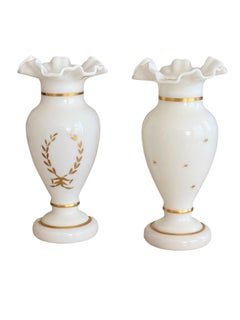 Antique White and Gilt Opaline Vases, a Pair