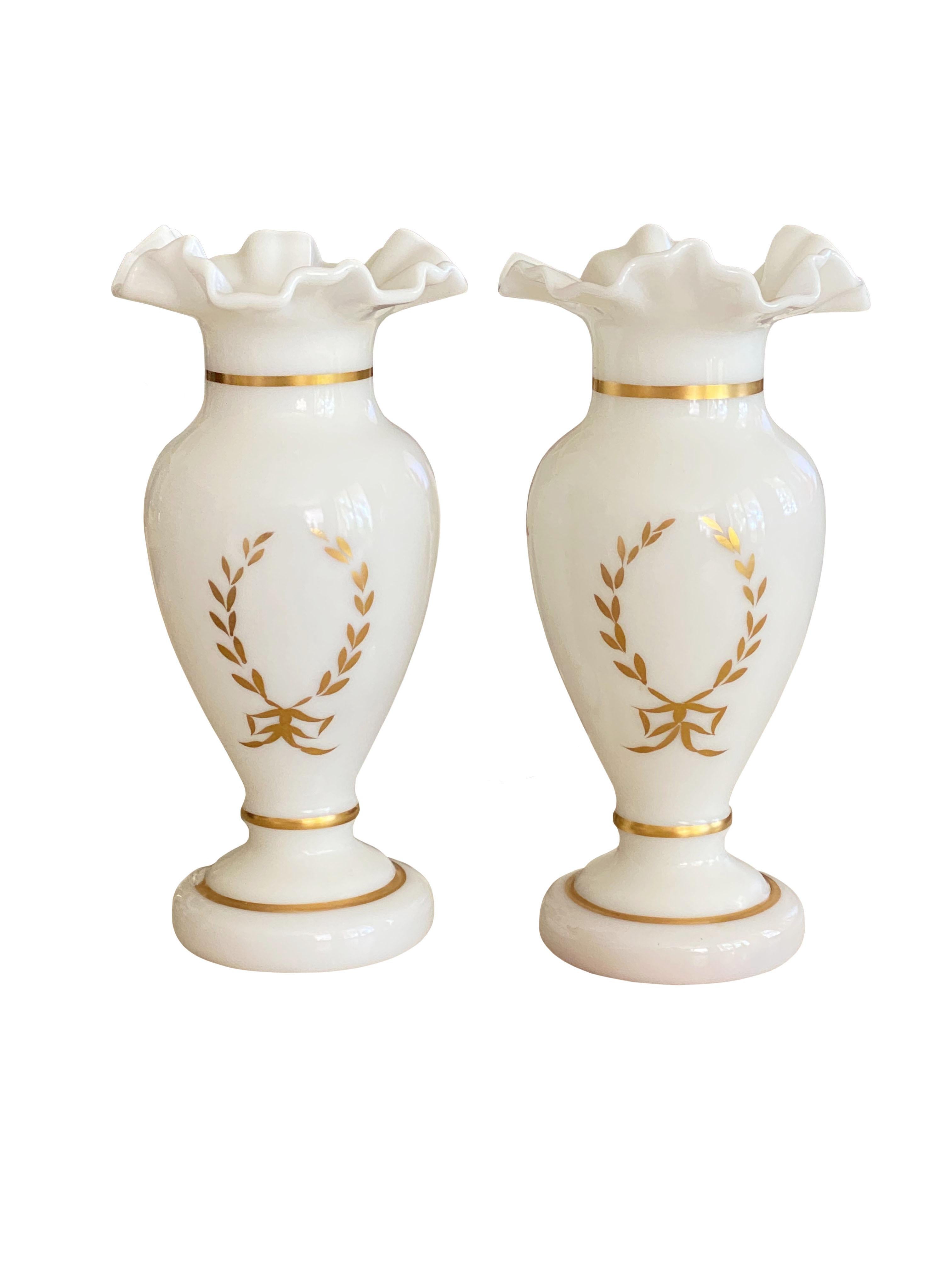 French Antique White and Gilt Opaline Vases, a Pair For Sale